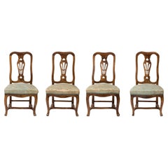 Set of 4 Used Queen Anne Side Chairs, Hand-Carved Wood, Original Silk Fabric