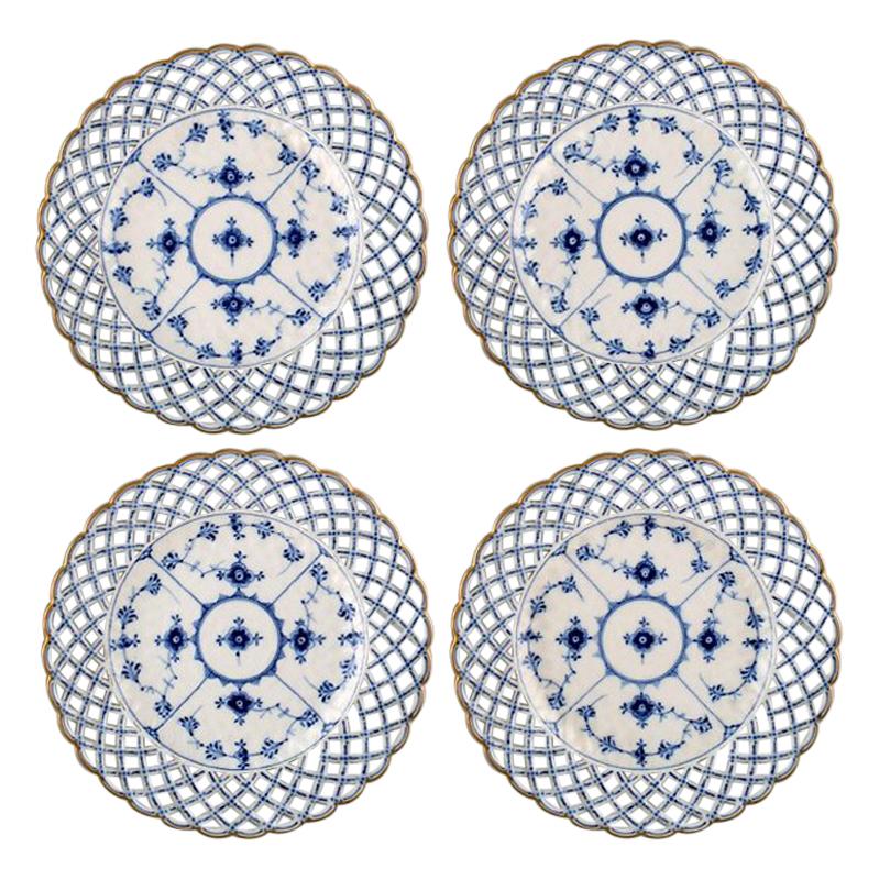 Set of 4 Antique Royal Copenhagen Blue Fluted Full Lace Plates with Gold Rim