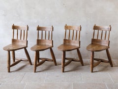 Set of 4 Antique Rural Wooden Chairs with Three Legs