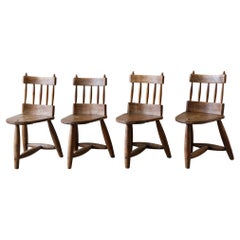 Set of 4 Antique Rural Wooden Chairs with Three Legs