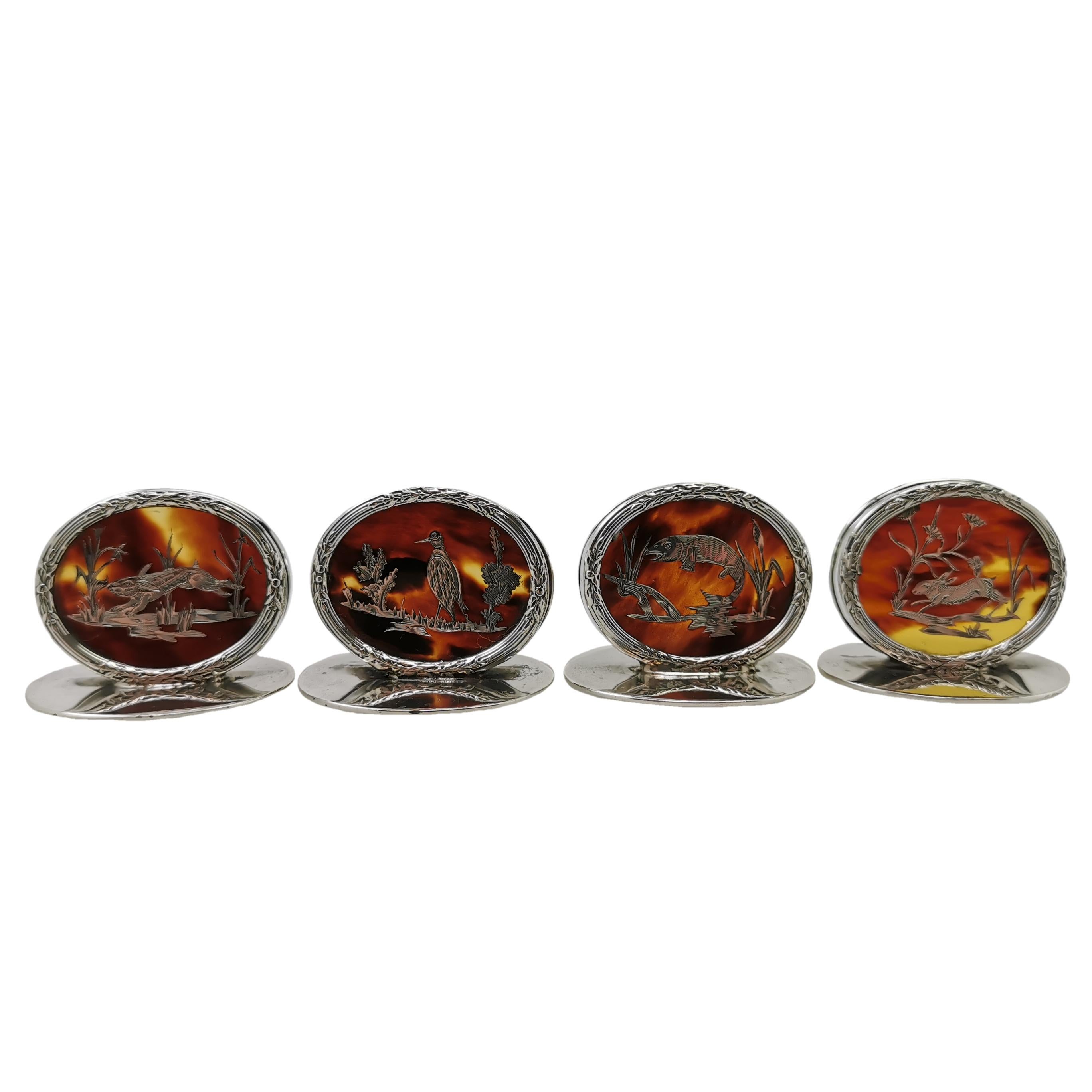 Set of 4 Antique Silver & Tortoise Shell Menu Place Card Holders 1915 -16 In Good Condition In London, GB