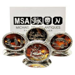 Set of 4 Antique Silver & Tortoise Shell Menu Place Card Holders 1915 -16