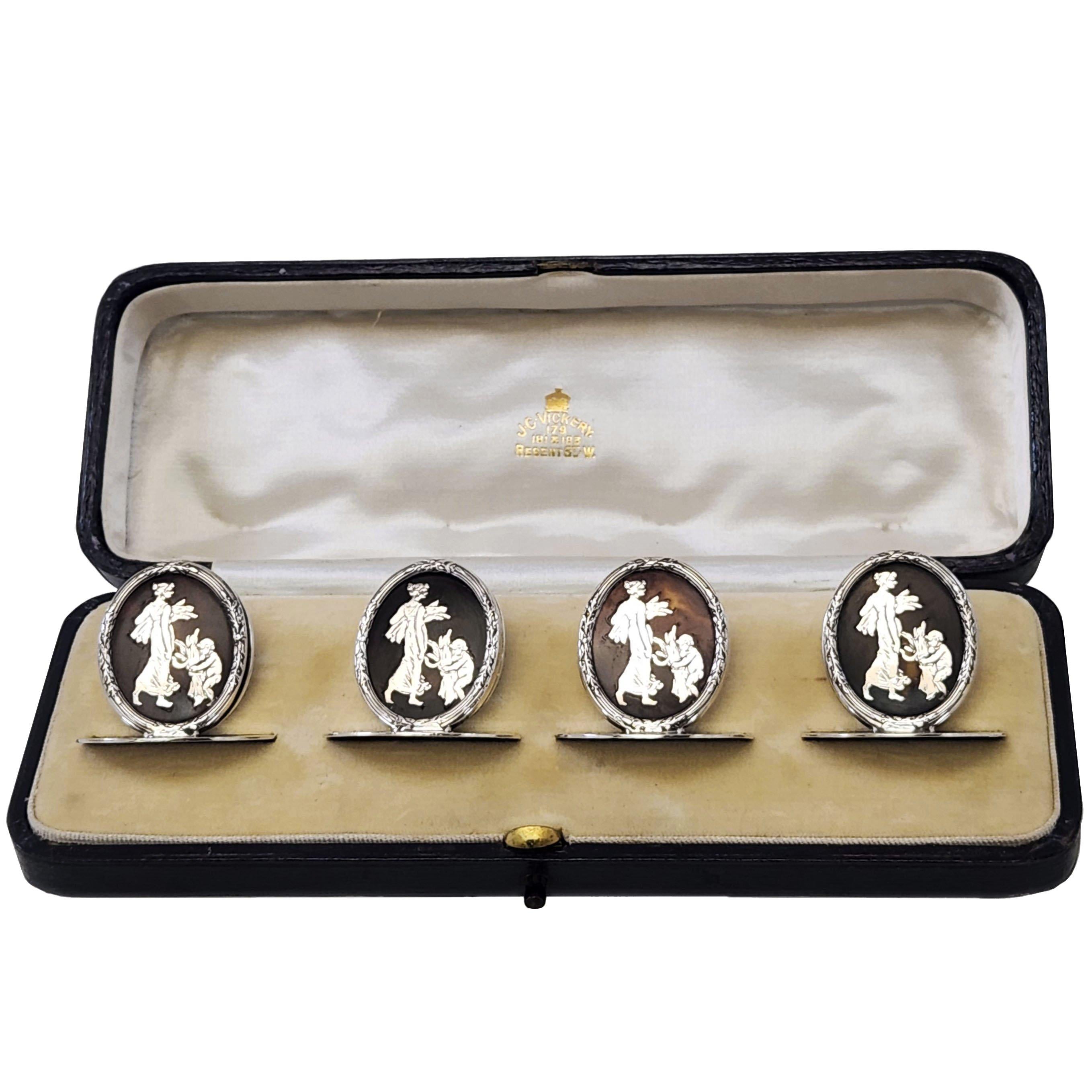 Set of 4 Antique Silver & Tortoise Shell Menu Place Card Holders 1915 Boxed In Good Condition For Sale In London, GB