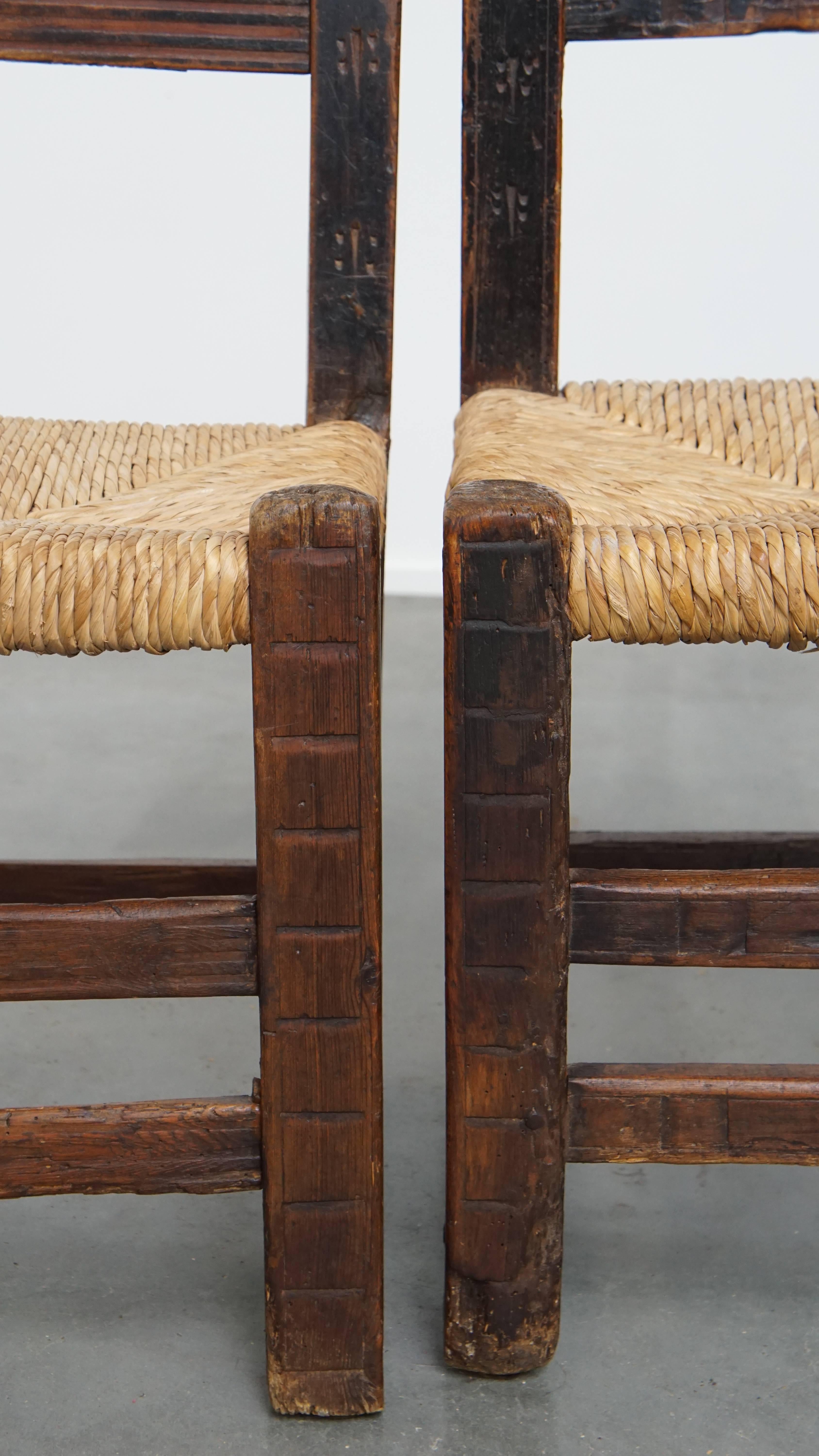 Set of 4 Antique Spanish Country Chairs with Woven Rattan Seats For Sale 5