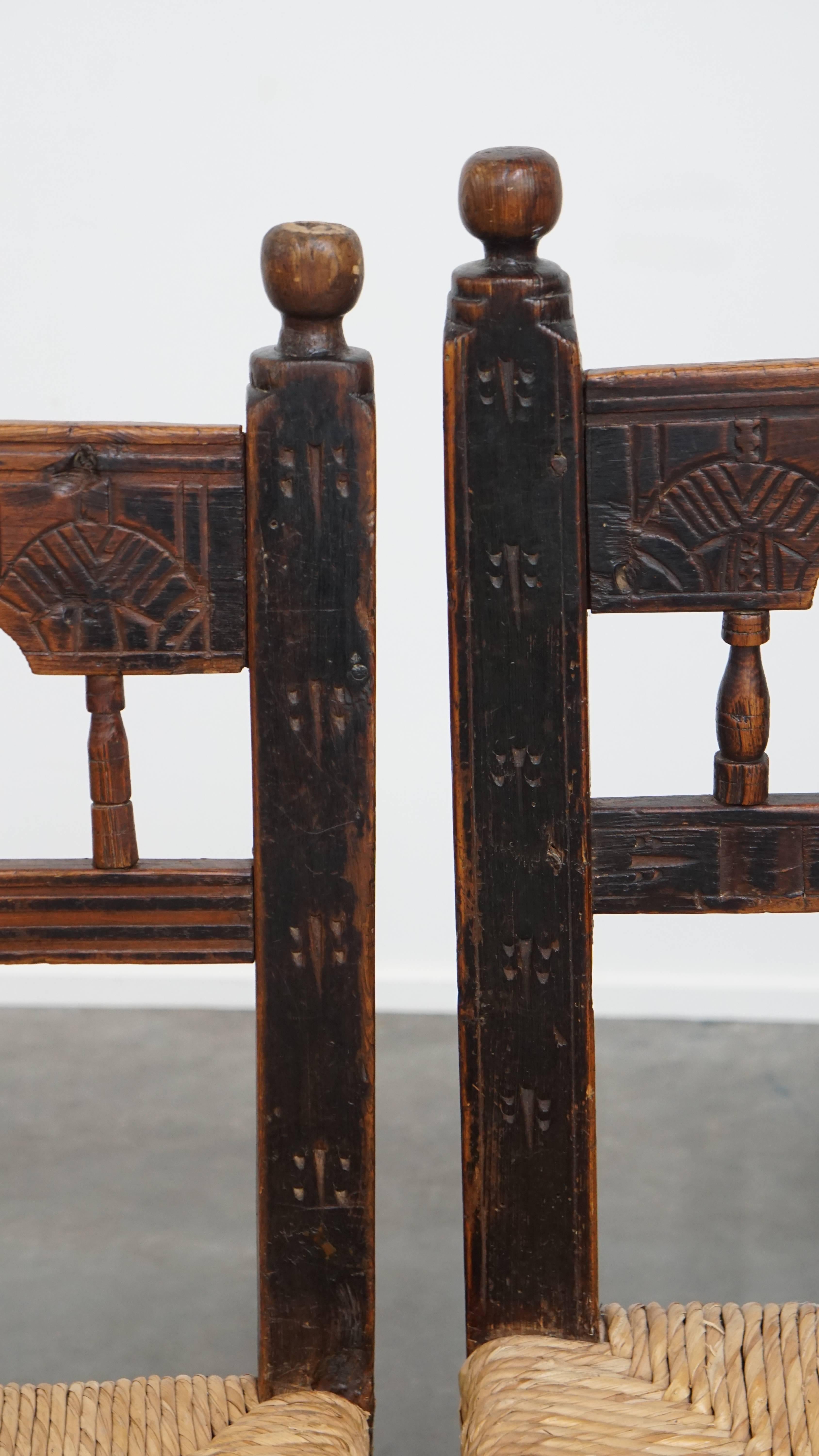 Set of 4 Antique Spanish Country Chairs with Woven Rattan Seats For Sale 6