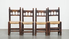 Set of 4 Antique Spanish Country Chairs with Woven Rattan Seats