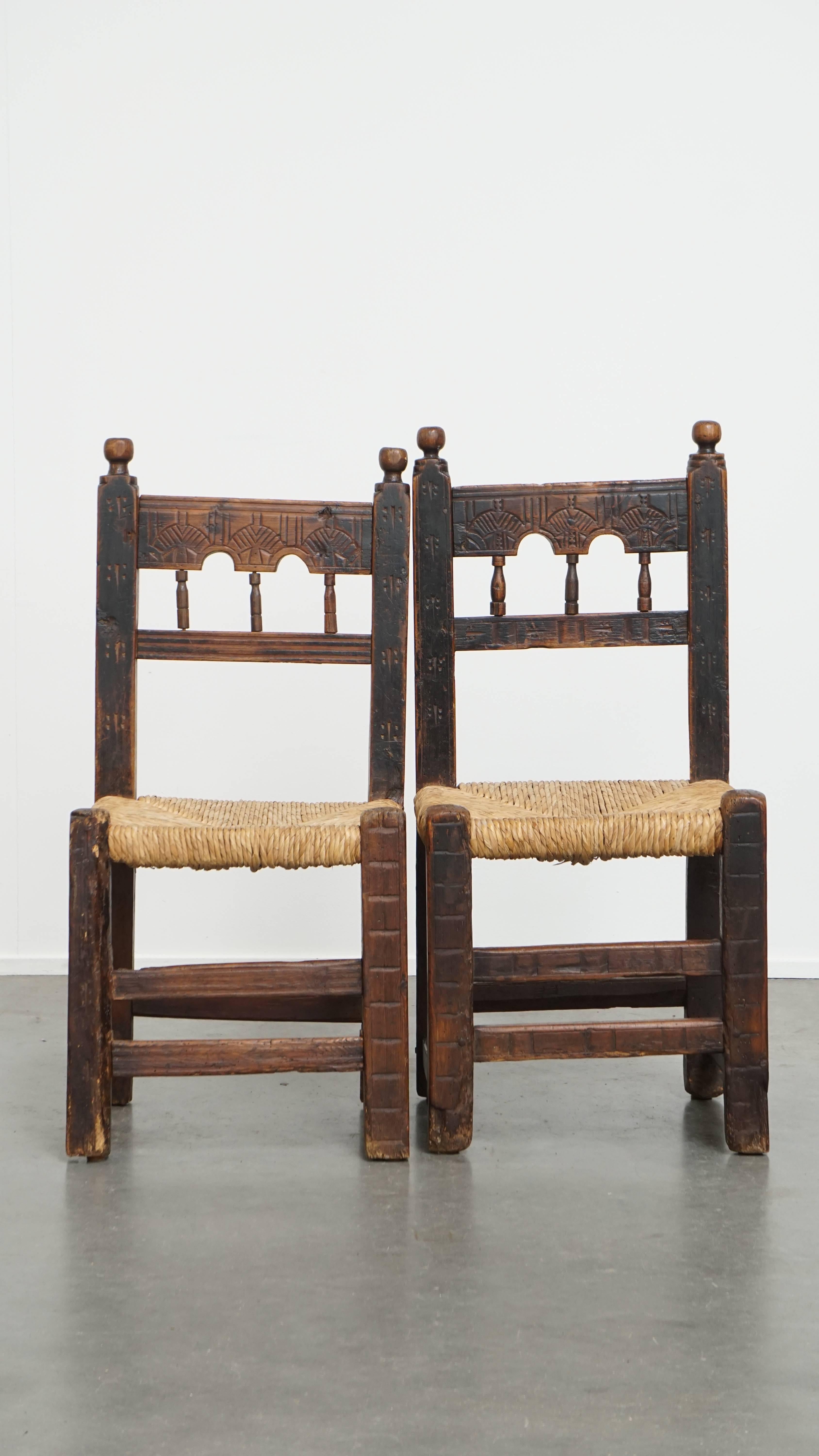 Classical Roman Set of 4 Antique Spanish Country Chairs with Woven Rattan Seats For Sale