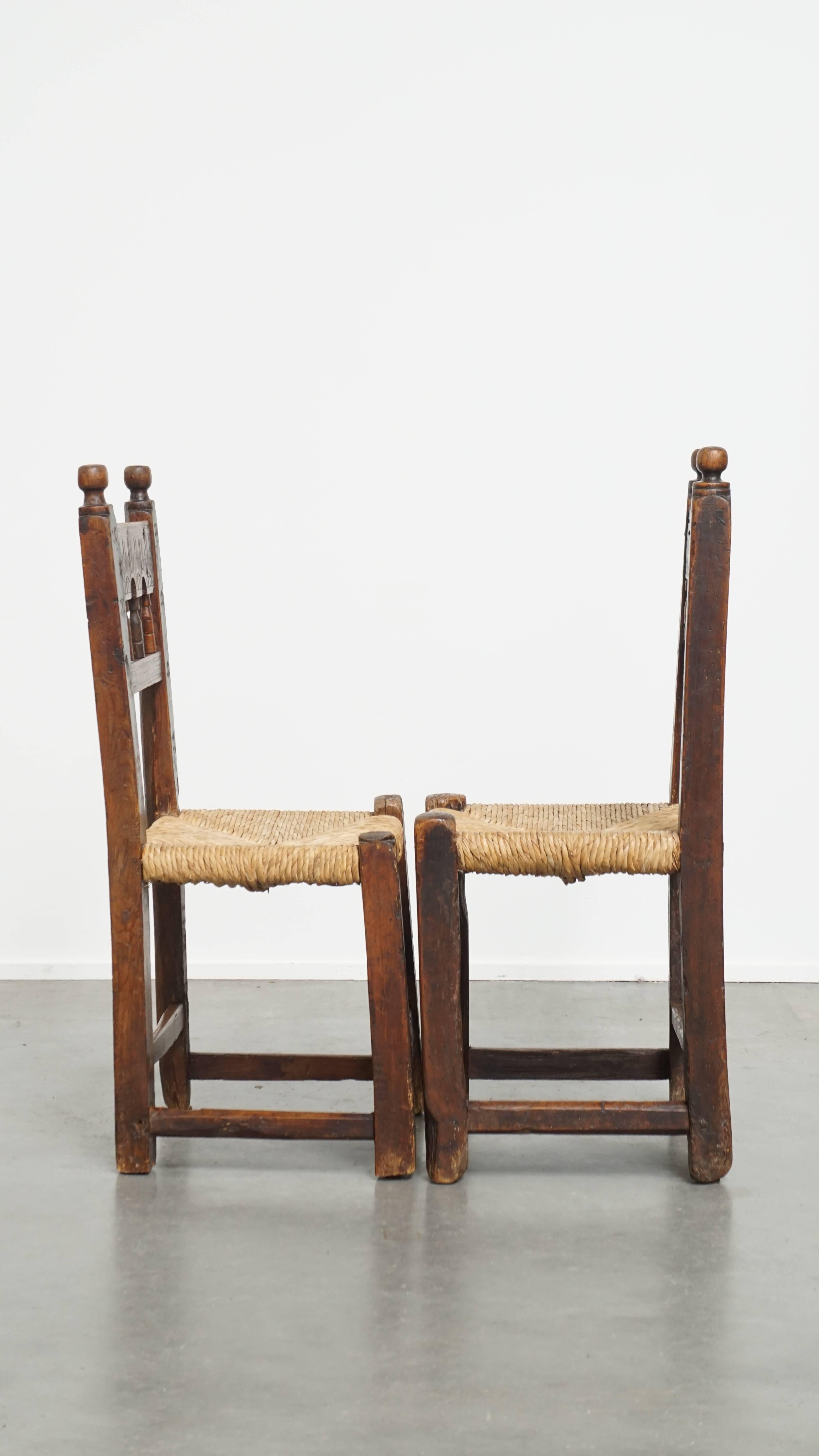 Hand-Crafted Set of 4 Antique Spanish Country Chairs with Woven Rattan Seats For Sale