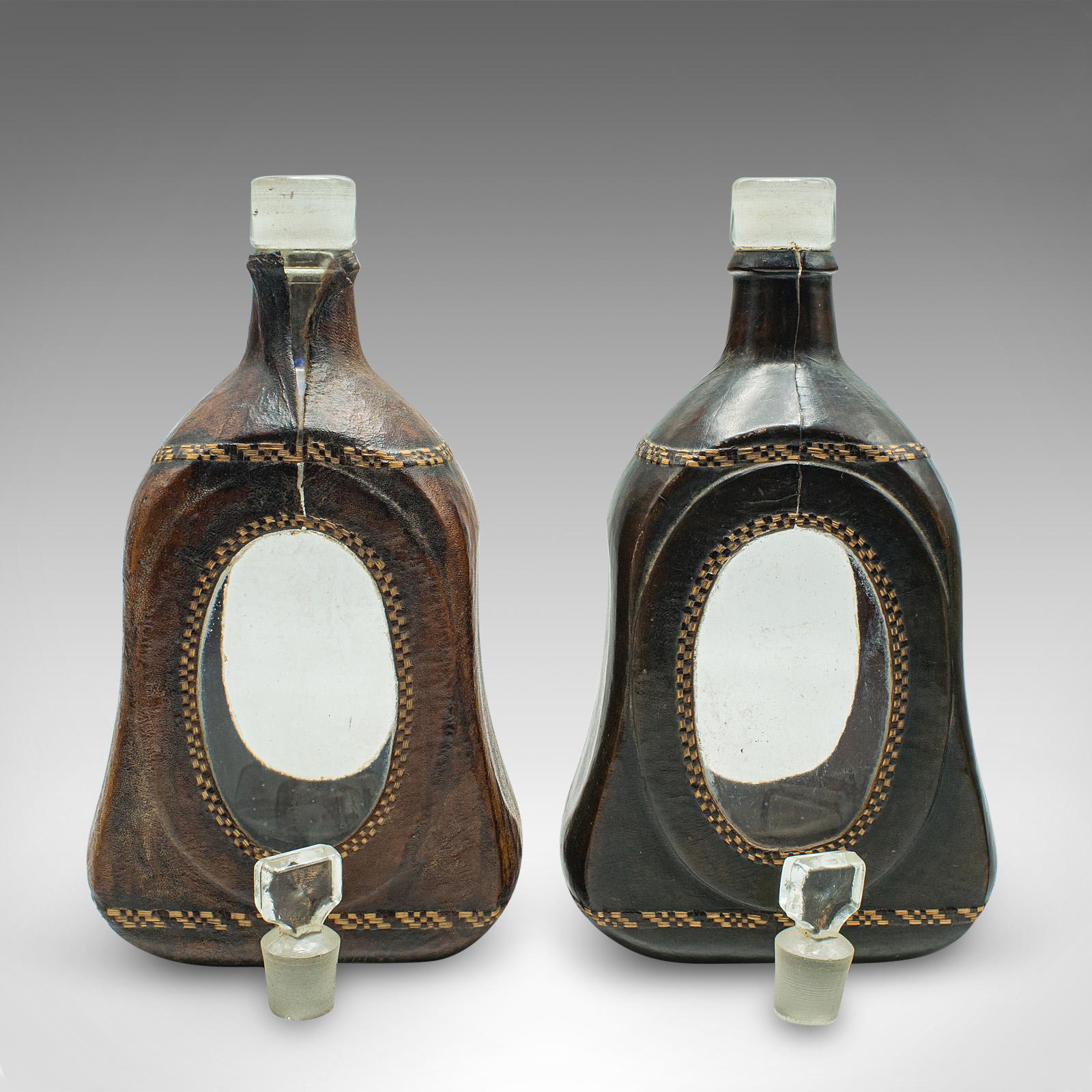 British Set Of 4 Antique Spirit Bottles, English, Leather, Glass Decanter, Victorian For Sale