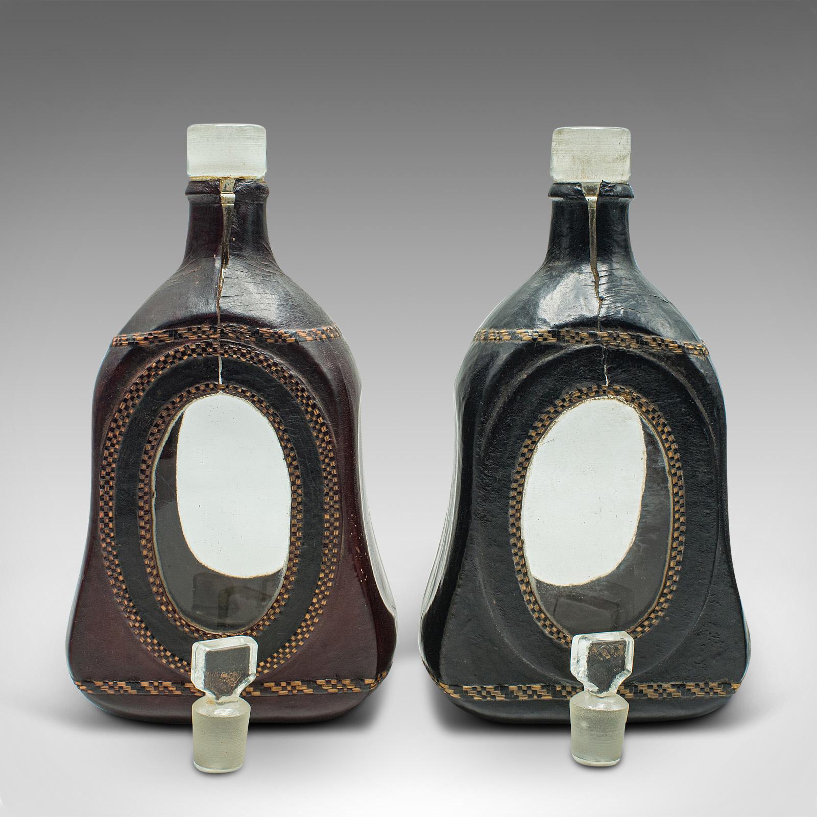 19th Century Set Of 4 Antique Spirit Bottles, English, Leather, Glass Decanter, Victorian For Sale