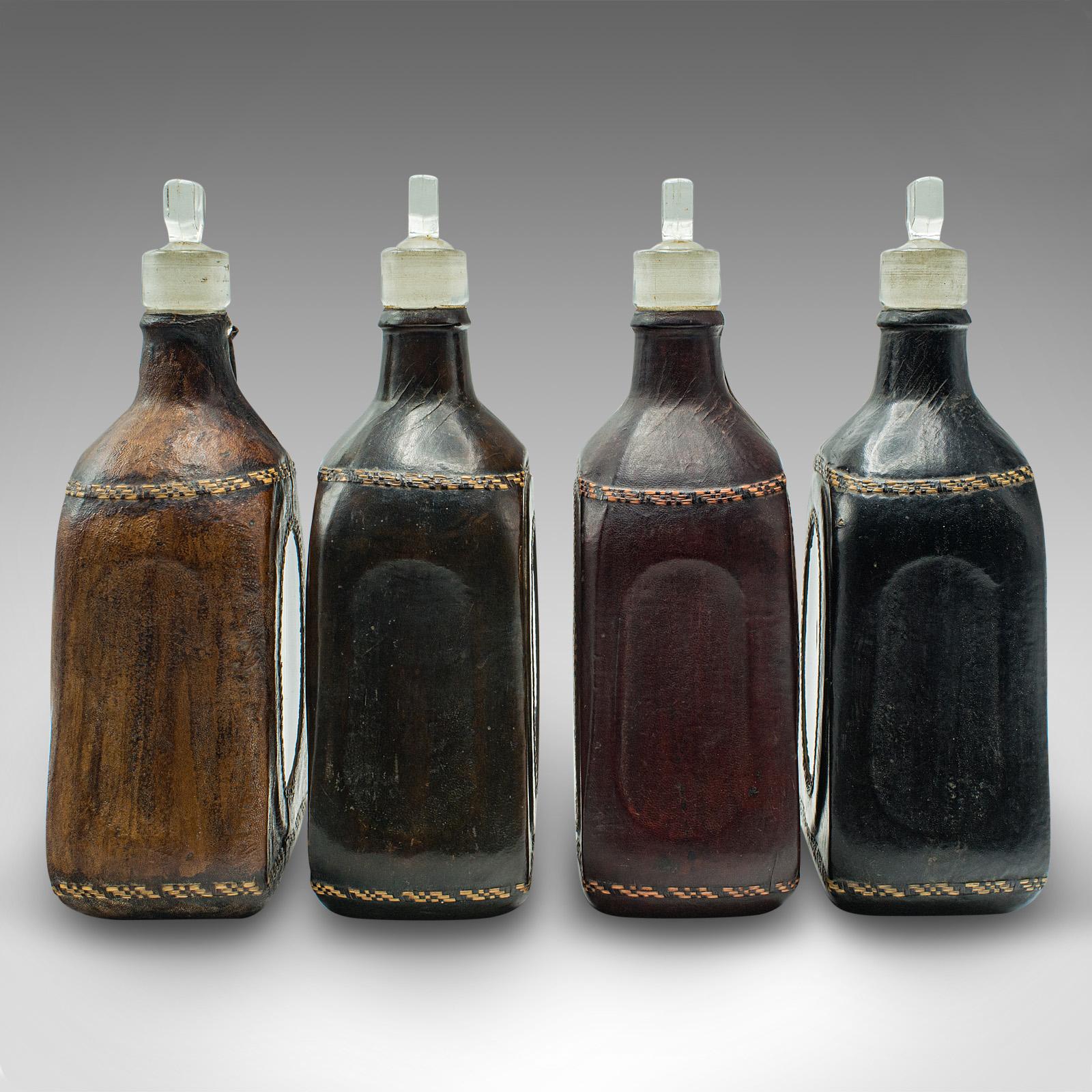 Set Of 4 Antique Spirit Bottles, English, Leather, Glass Decanter, Victorian For Sale 1