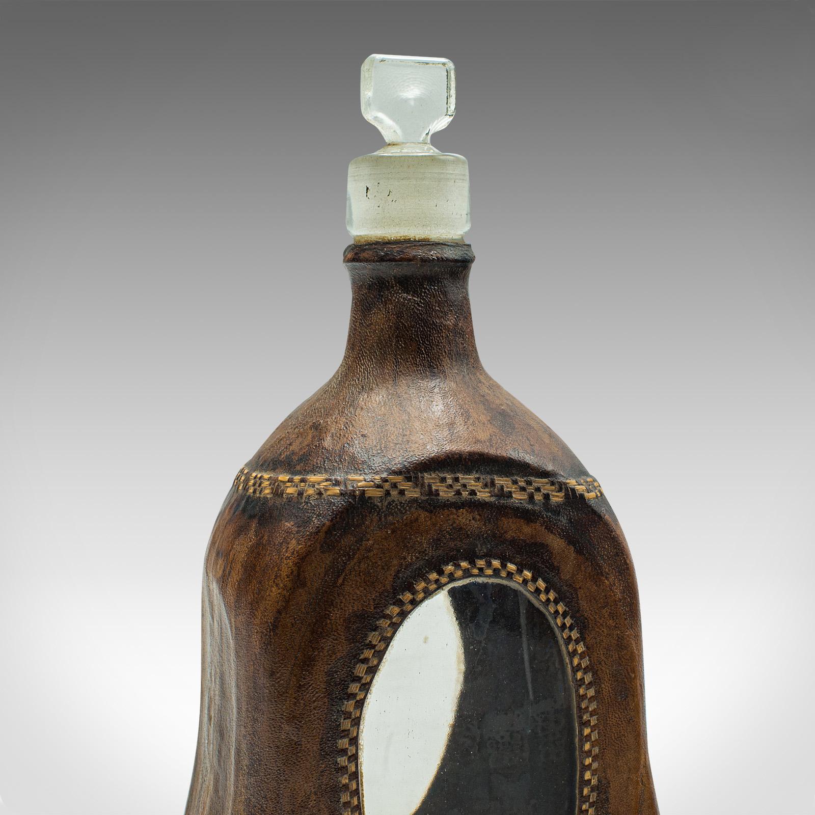 Set Of 4 Antique Spirit Bottles, English, Leather, Glass Decanter, Victorian For Sale 2