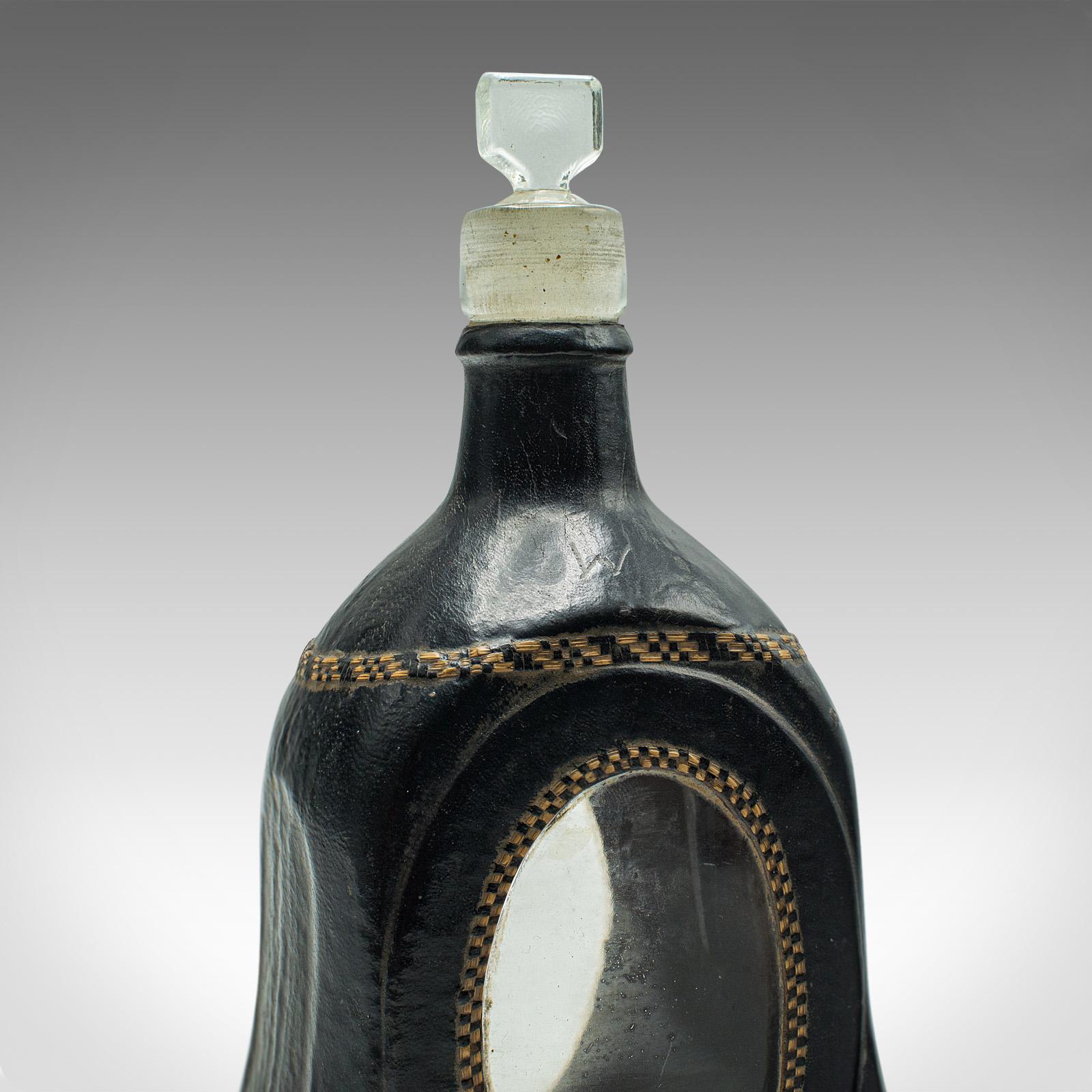Set Of 4 Antique Spirit Bottles, English, Leather, Glass Decanter, Victorian For Sale 3