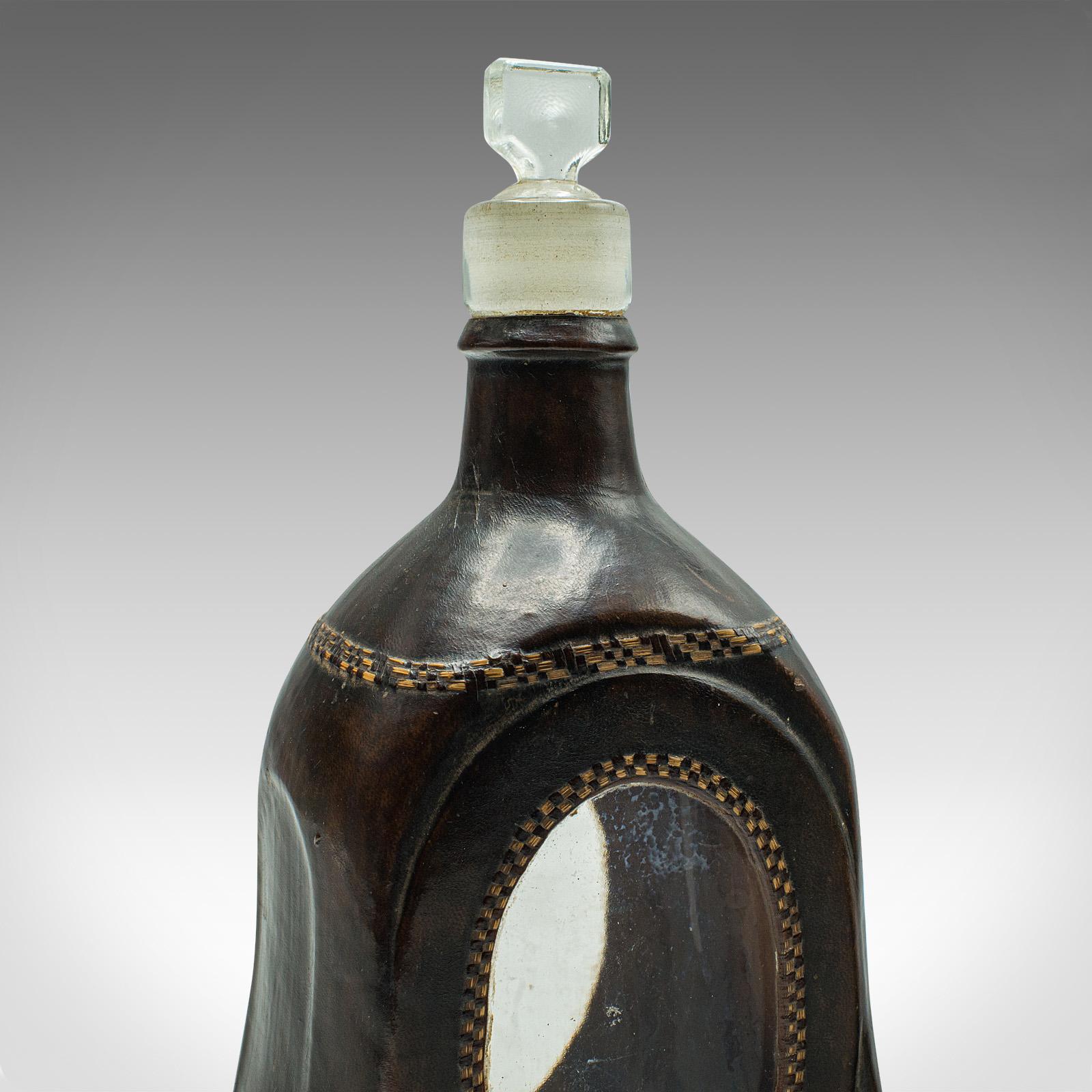Set Of 4 Antique Spirit Bottles, English, Leather, Glass Decanter, Victorian For Sale 4