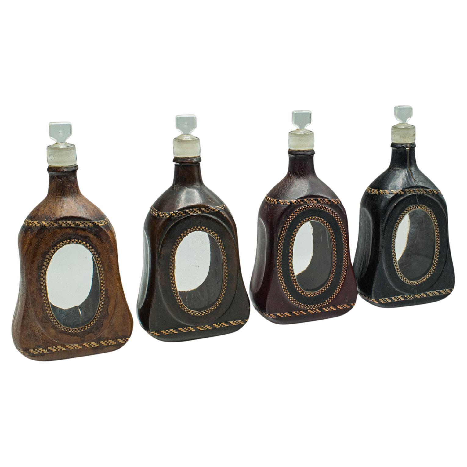 Set Of 4 Antique Spirit Bottles, English, Leather, Glass Decanter, Victorian For Sale