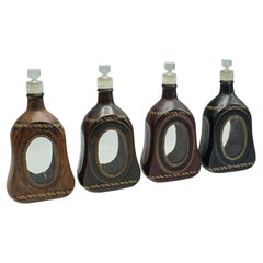 Set Of 4 Antique Spirit Bottles, English, Leather, Glass Decanter, Victorian
