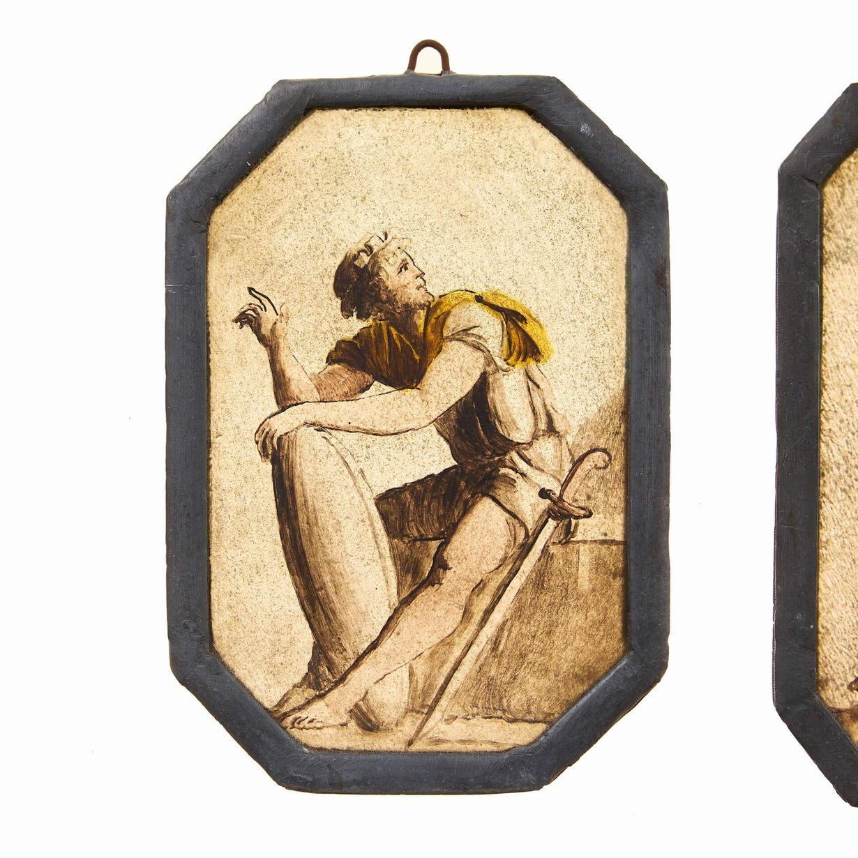 English Set of 2 Antique Stained Glass Panels of Neoclassical Figures For Sale