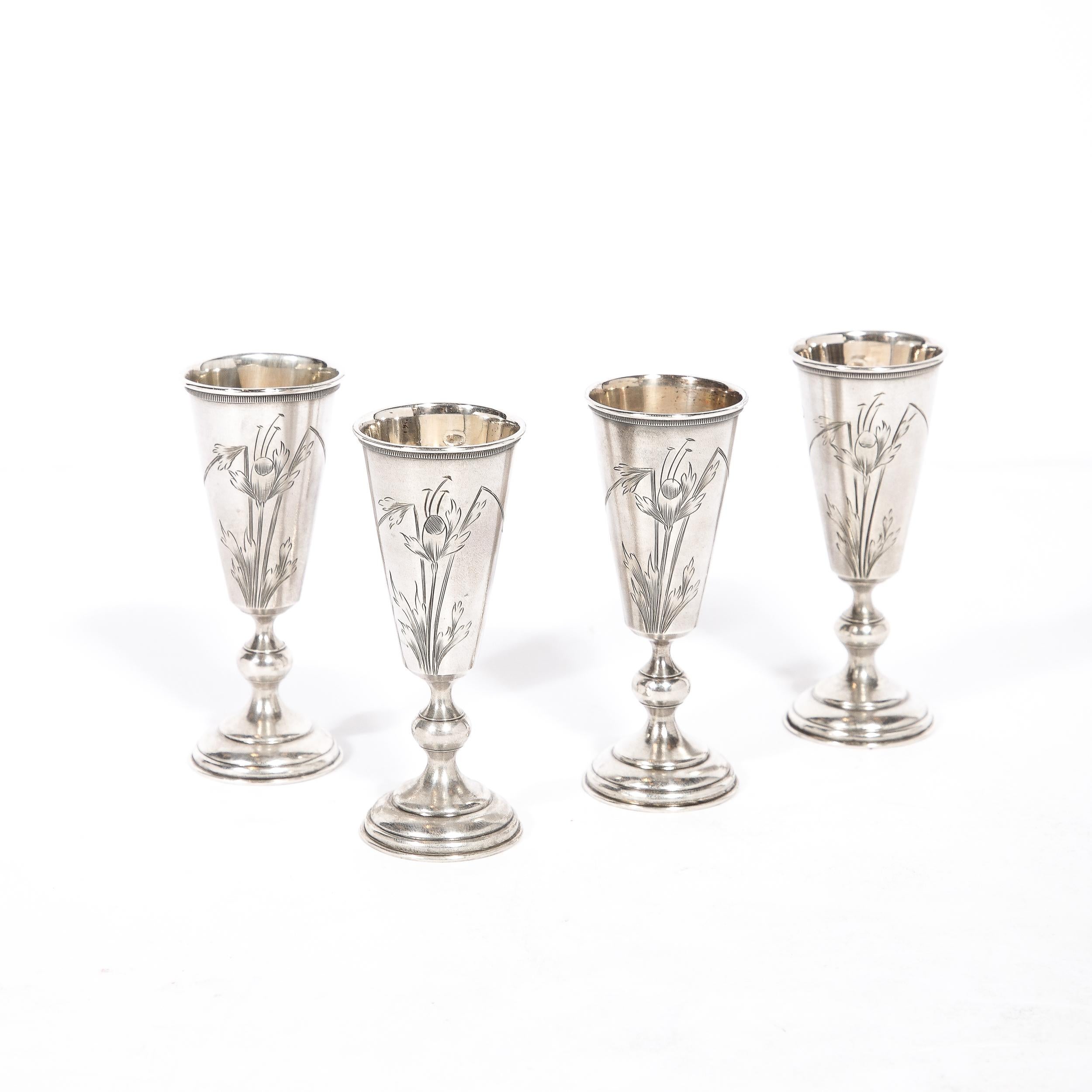 Neoclassical Set of 4 Antique Sterling Silver Russian Kiddish Cups With Kokoshnik Stamp 