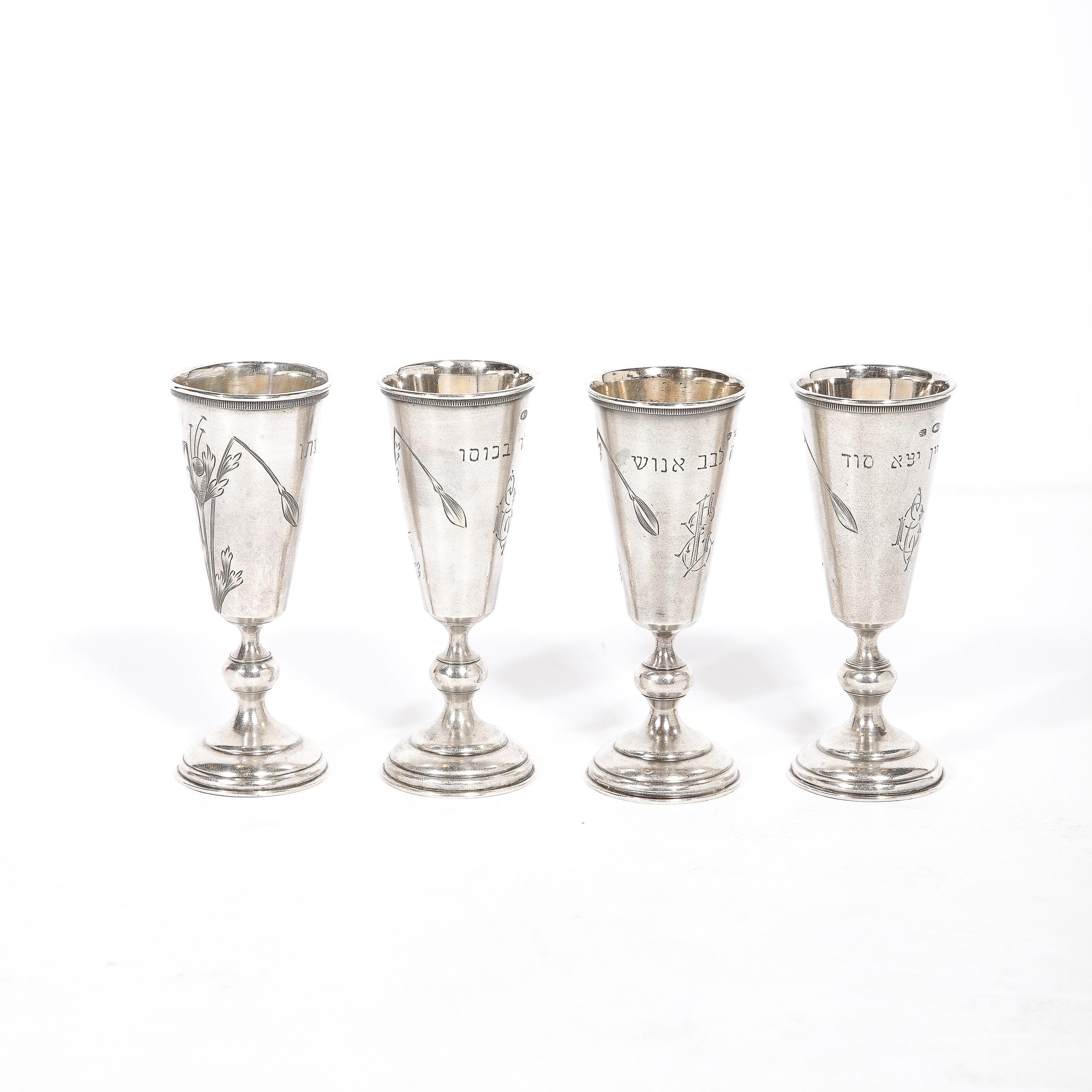 Late 19th Century Set of 4 Antique Sterling Silver Russian Kiddish Cups With Kokoshnik Stamp 