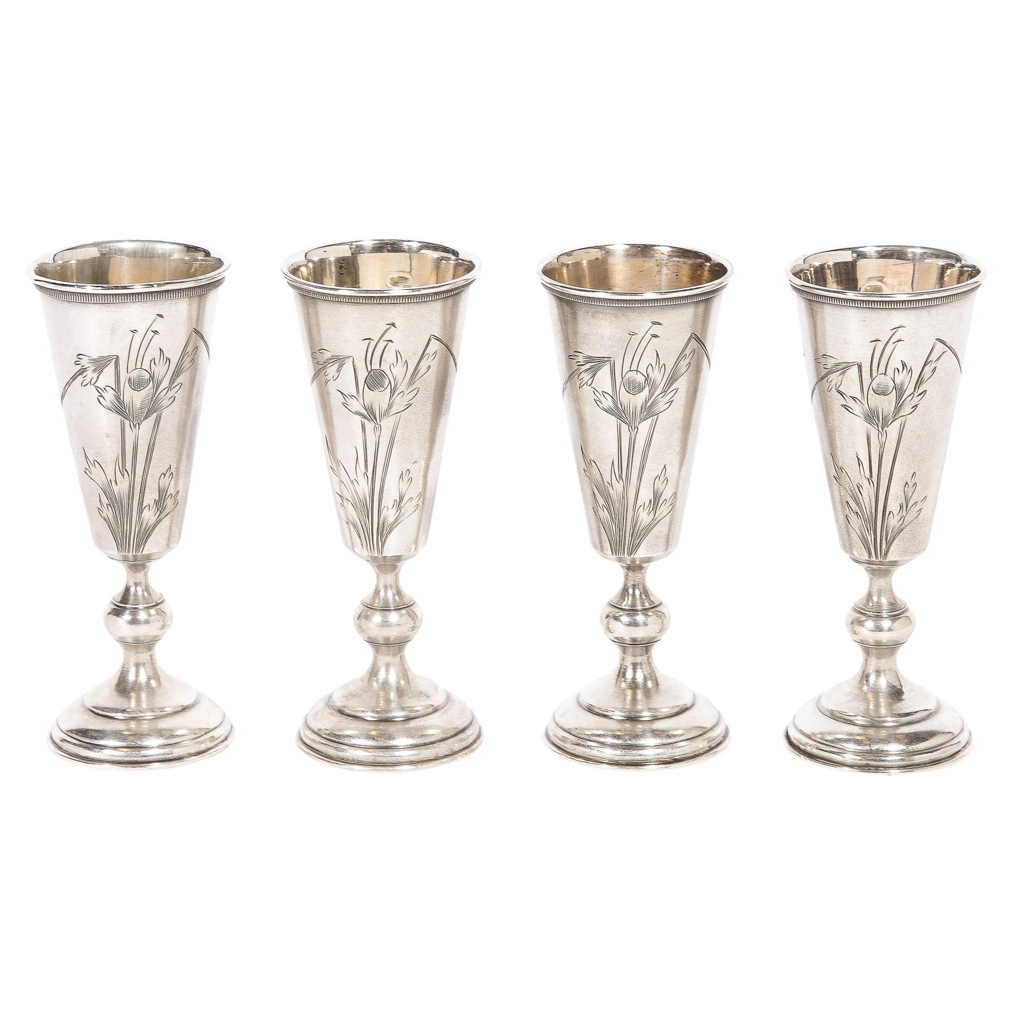 Set of 4 Antique Sterling Silver Russian Kiddish Cups With Kokoshnik Stamp 