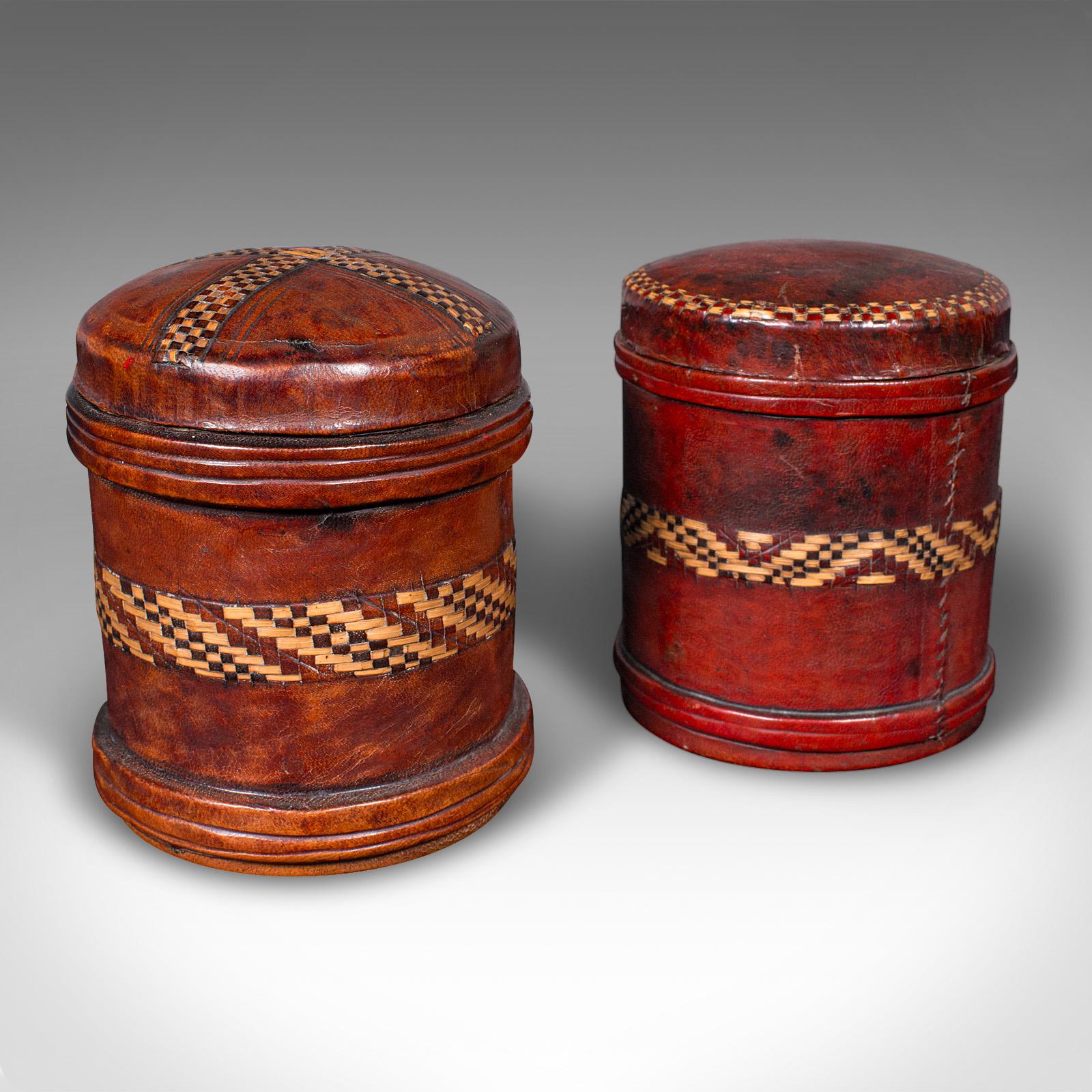 Juego De 4 Latas Antiguas De Almacenaje, Inglesas, Cuero De Marruecos, Cigarreras, C.1920 en venta 2