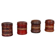 Set Of 4 Antique Storage Tins, English, Morocco Leather, Cigarette Pot, C.1920