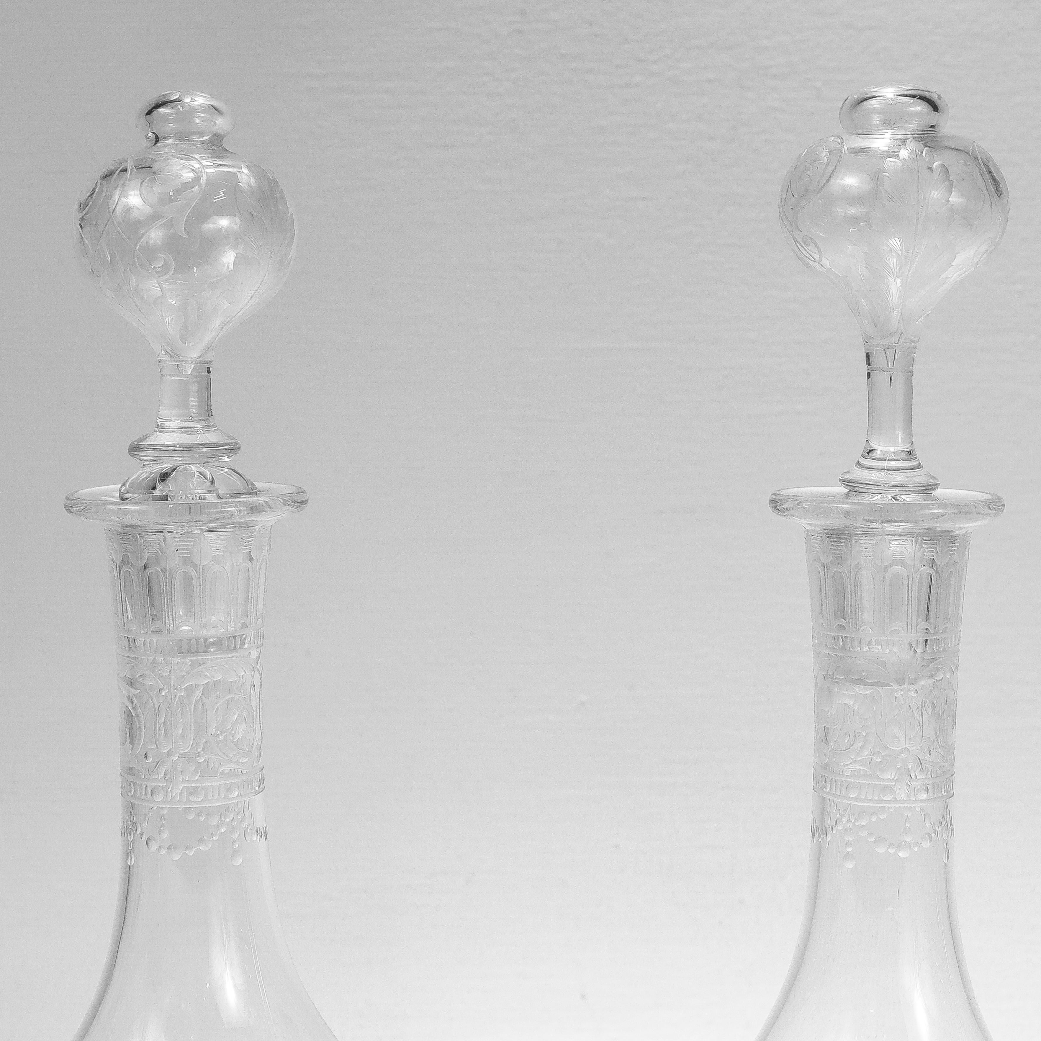 Set of 4 Antique Stourbridge Etched & Engraved Glass Decanters with Stoppers 6