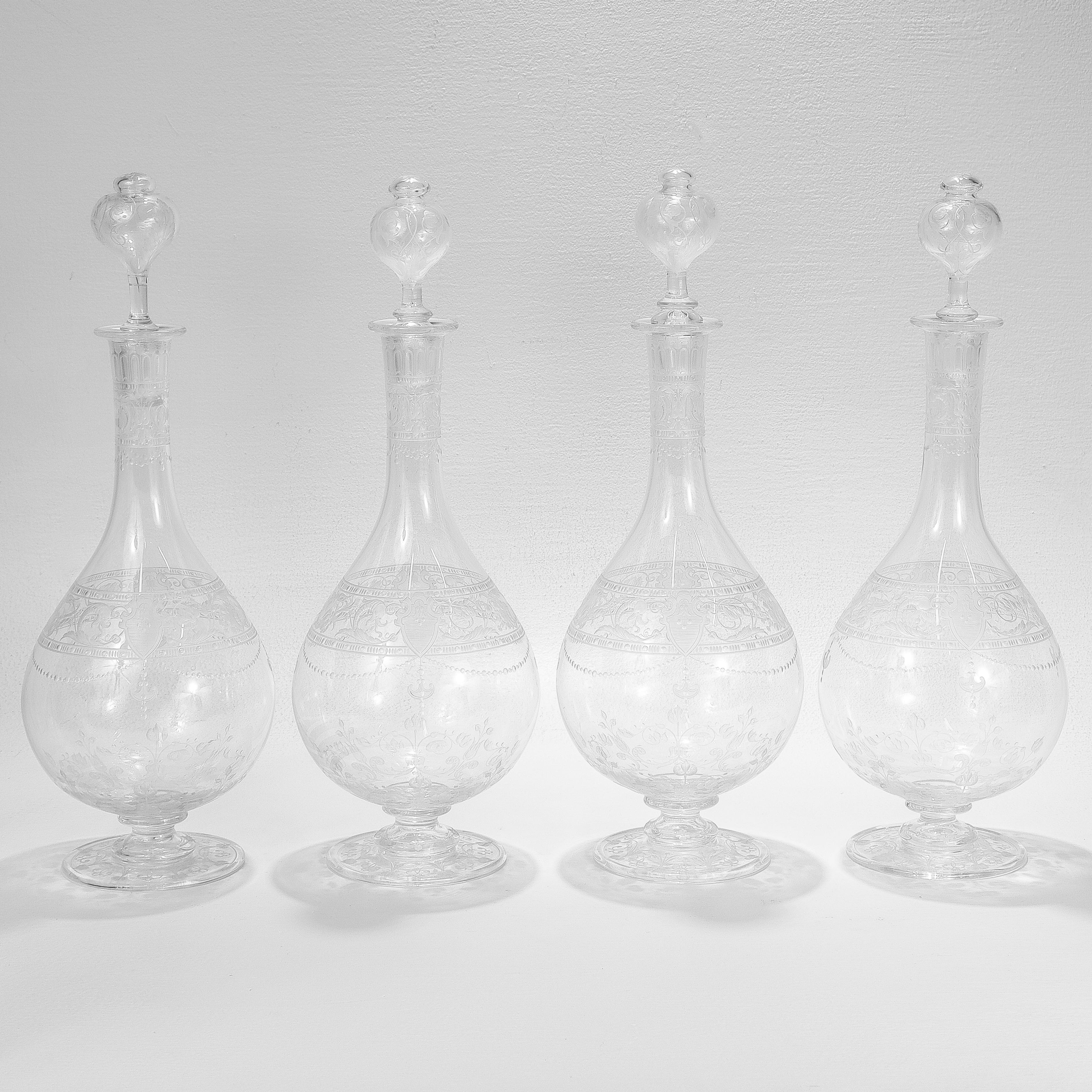 Late Victorian Set of 4 Antique Stourbridge Etched & Engraved Glass Decanters with Stoppers