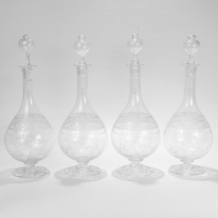 Set of 4 Antique Stourbridge Etched and Engraved Glass Decanters with
