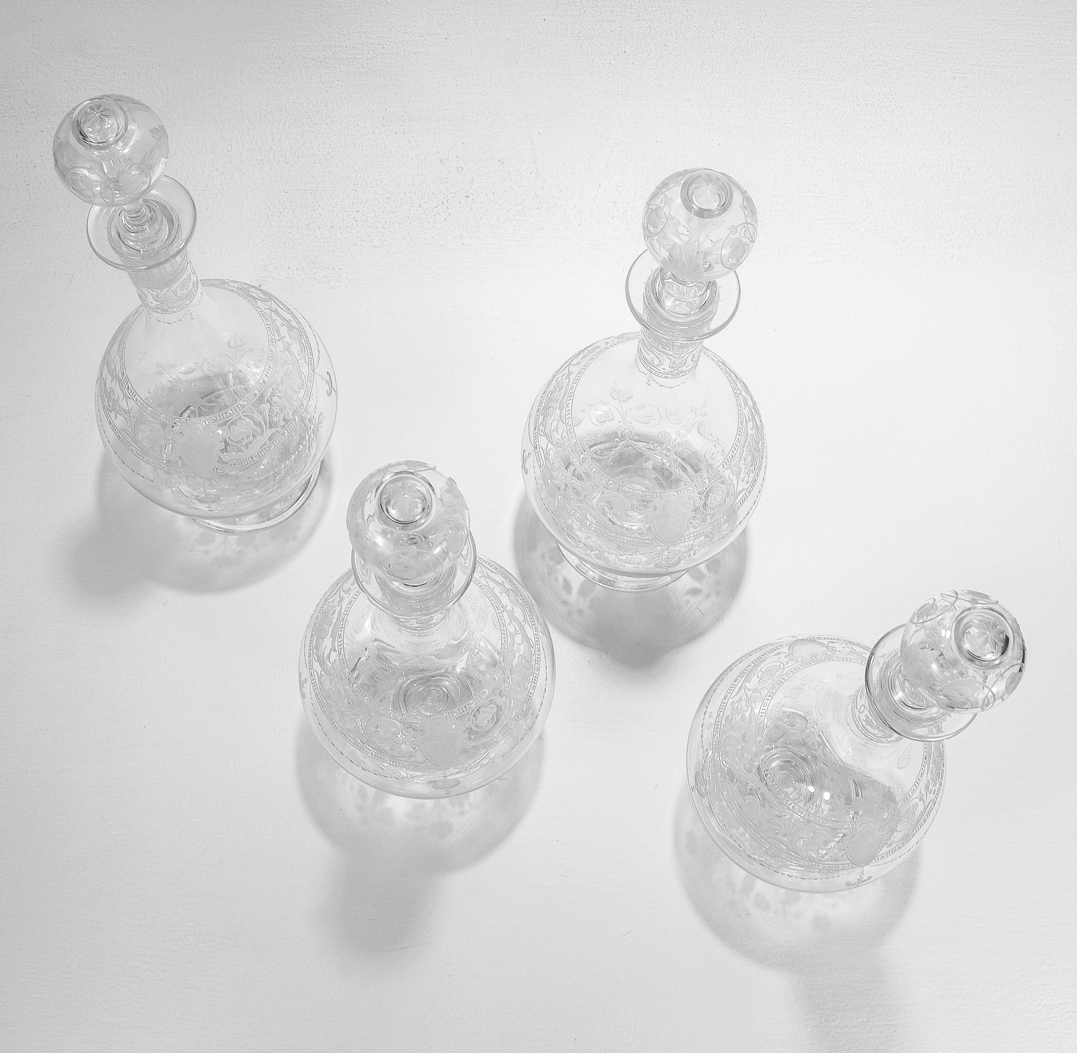 Set of 4 Antique Stourbridge Etched & Engraved Glass Decanters with Stoppers In Good Condition In Philadelphia, PA