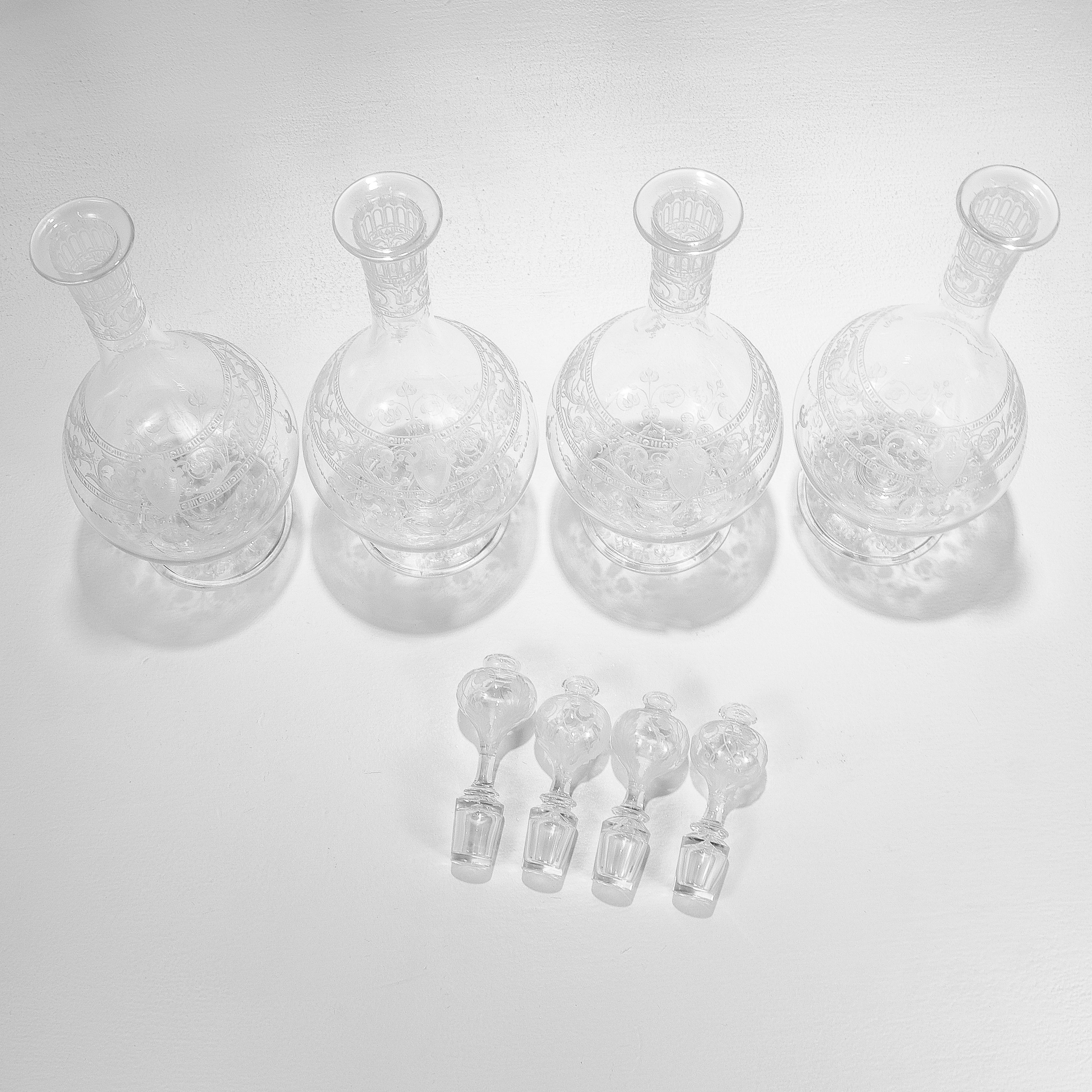 20th Century Set of 4 Antique Stourbridge Etched & Engraved Glass Decanters with Stoppers