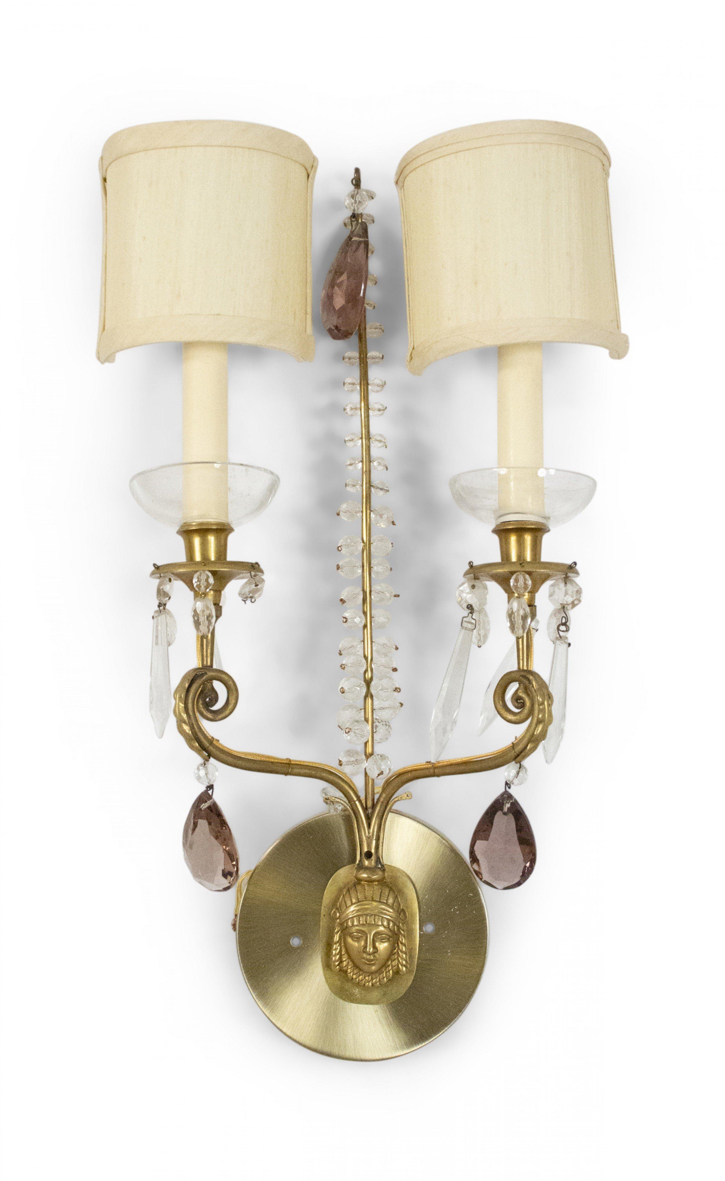20th Century Set of 4 Antique Swedish Mask Design Brass and Crystal Wall Sconces For Sale
