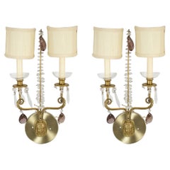 Set of 4 Antique Swedish Mask Design Brass and Crystal Wall Sconces