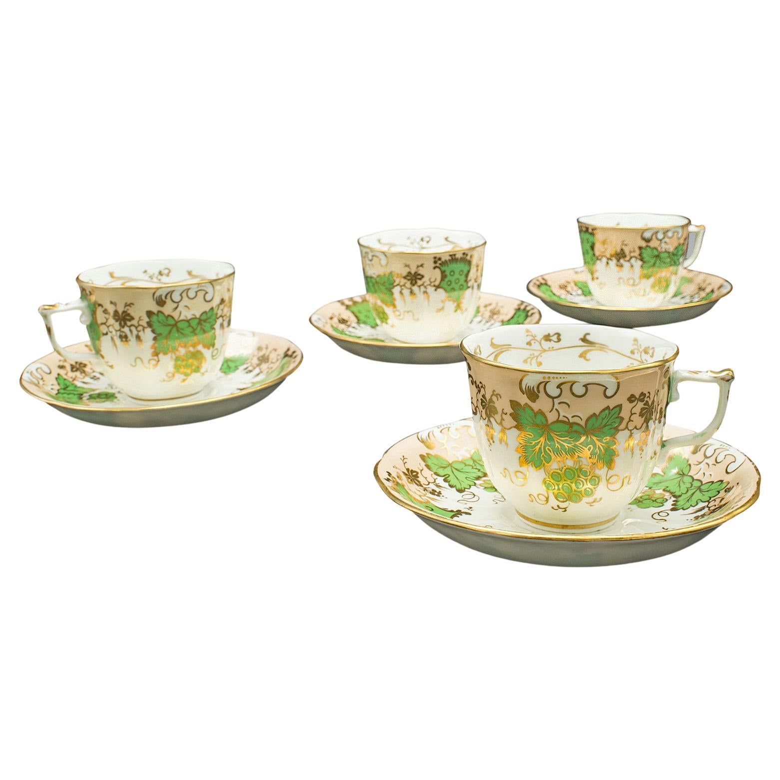Set Of 4 Antique Tea Cups, English, Ceramic, Decorative, Cup, Saucer, Victorian For Sale