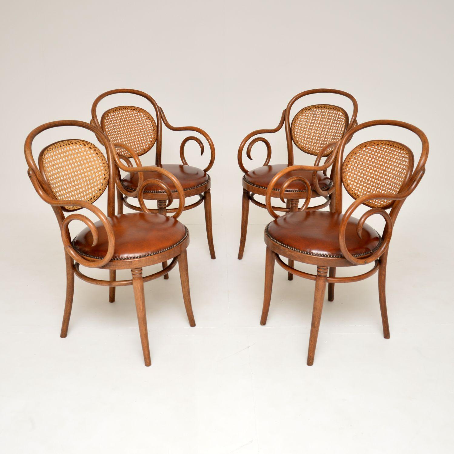 Polish Set of 4 Antique Thonet Bentwood & Leather Dining Chairs