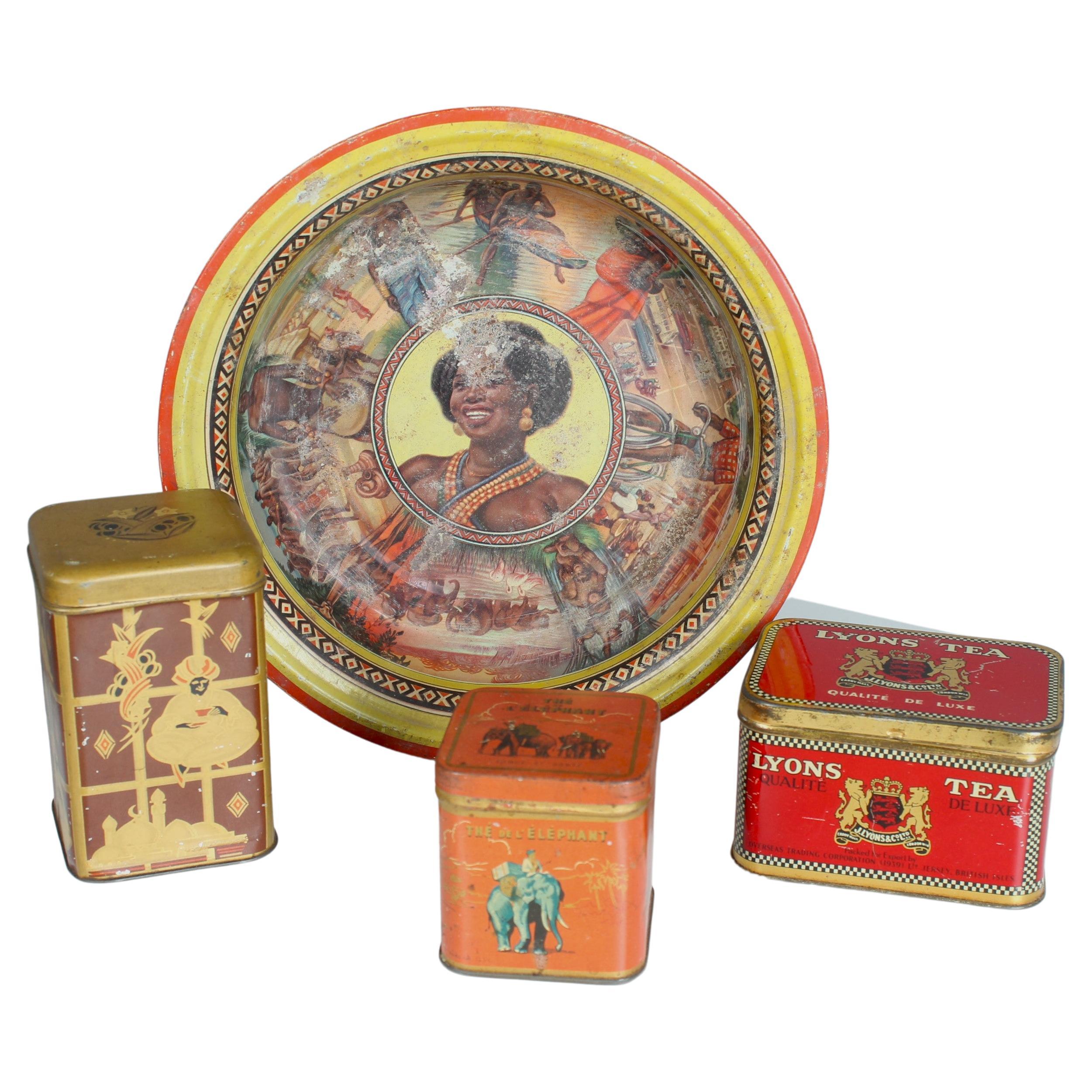 Set Of 4 Antique Tin Cans from France, Art Nouveau, Art Deco, Tea Tin Cans, 1930 For Sale