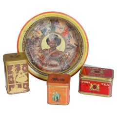Set Of 4 Antique Tin Cans from France, Art Nouveau, Art Deco, Tea Tin Cans, 1930
