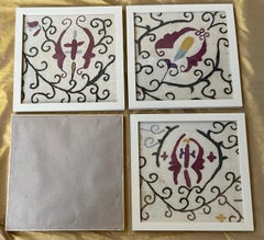 Set of 4 Antique Uzbek Suzani Textile Fragments - Framed Hand-Embroidery.