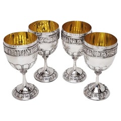 Set of 4 Antique Victorian Sterling Silver Goblets / Wine Glasses 1890 Large