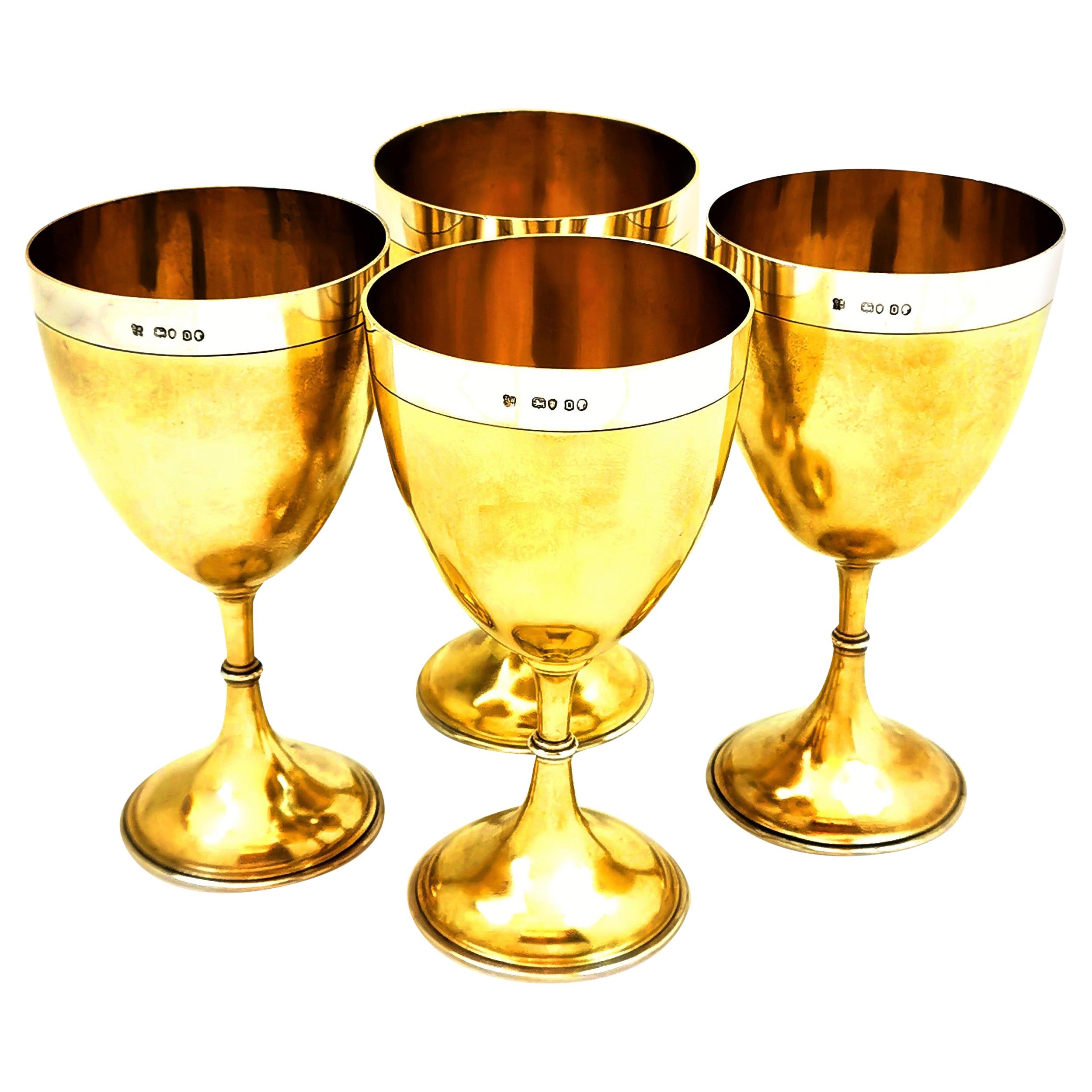 Set of 4 Antique Victorian Sterling Silver Parcel Gilt Goblets 1869 Wine Glasses