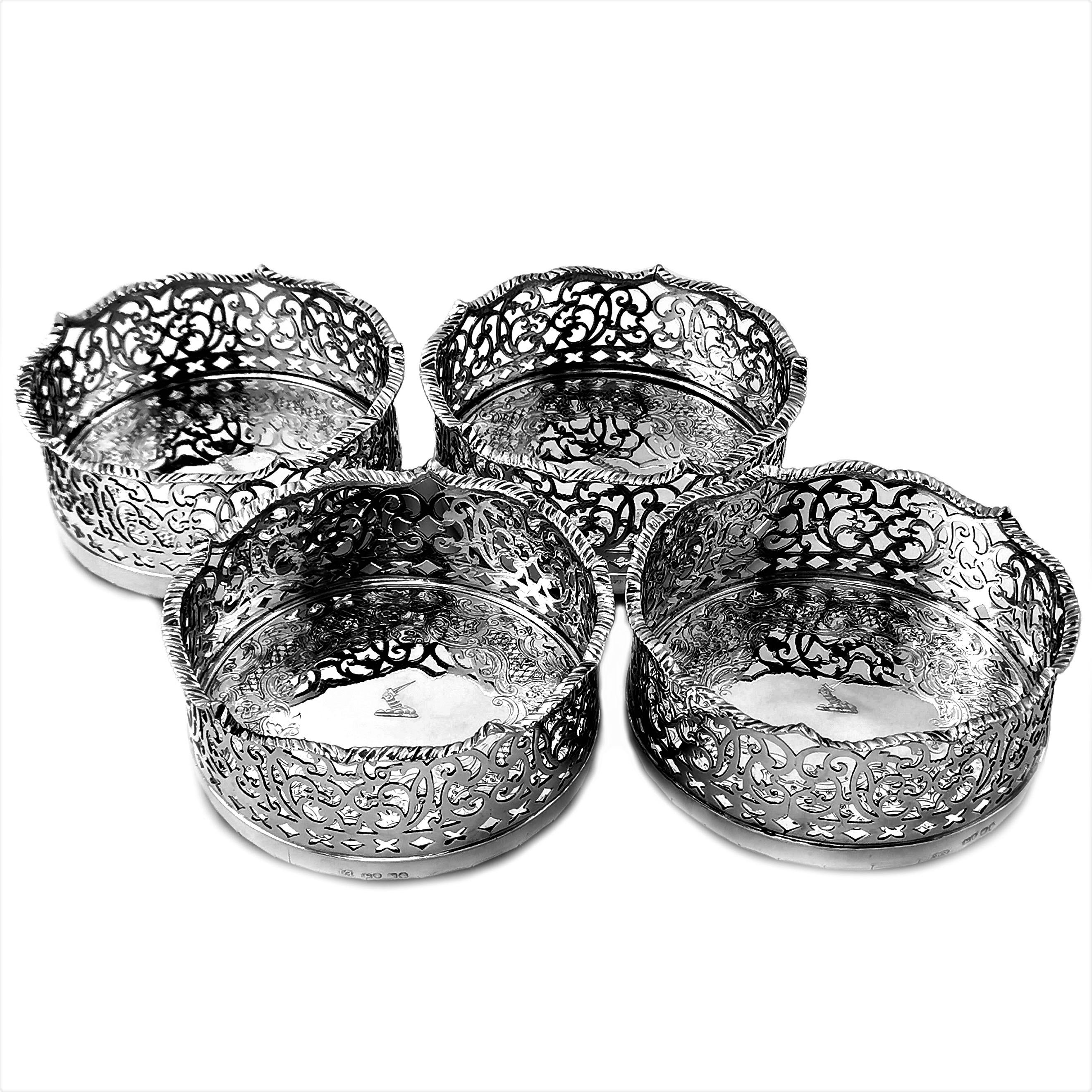 19th Century Set of 4 Antique Victorian Sterling Silver Wine Bottle Coasters, 1840