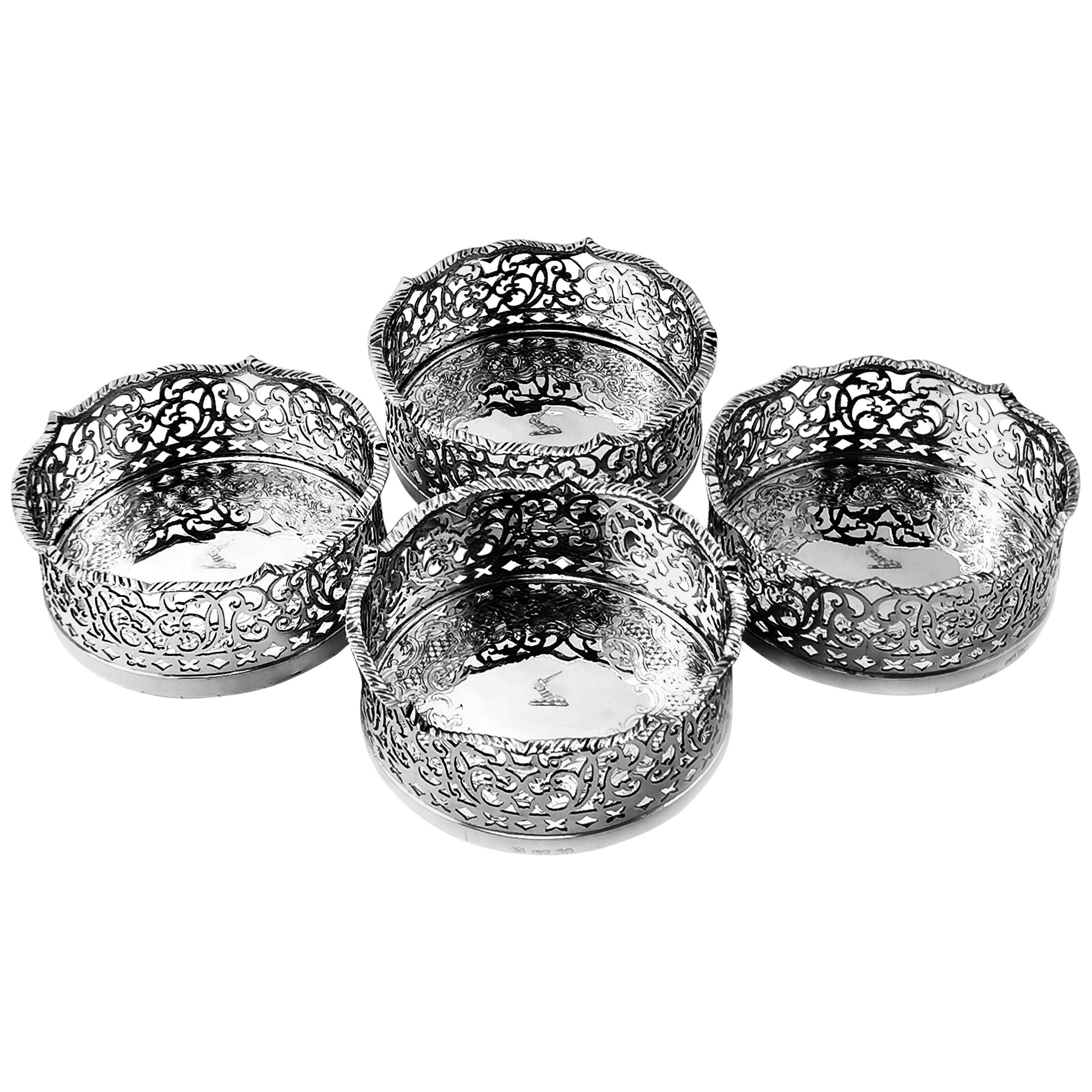 Set of 4 Antique Victorian Sterling Silver Wine Bottle Coasters, 1840