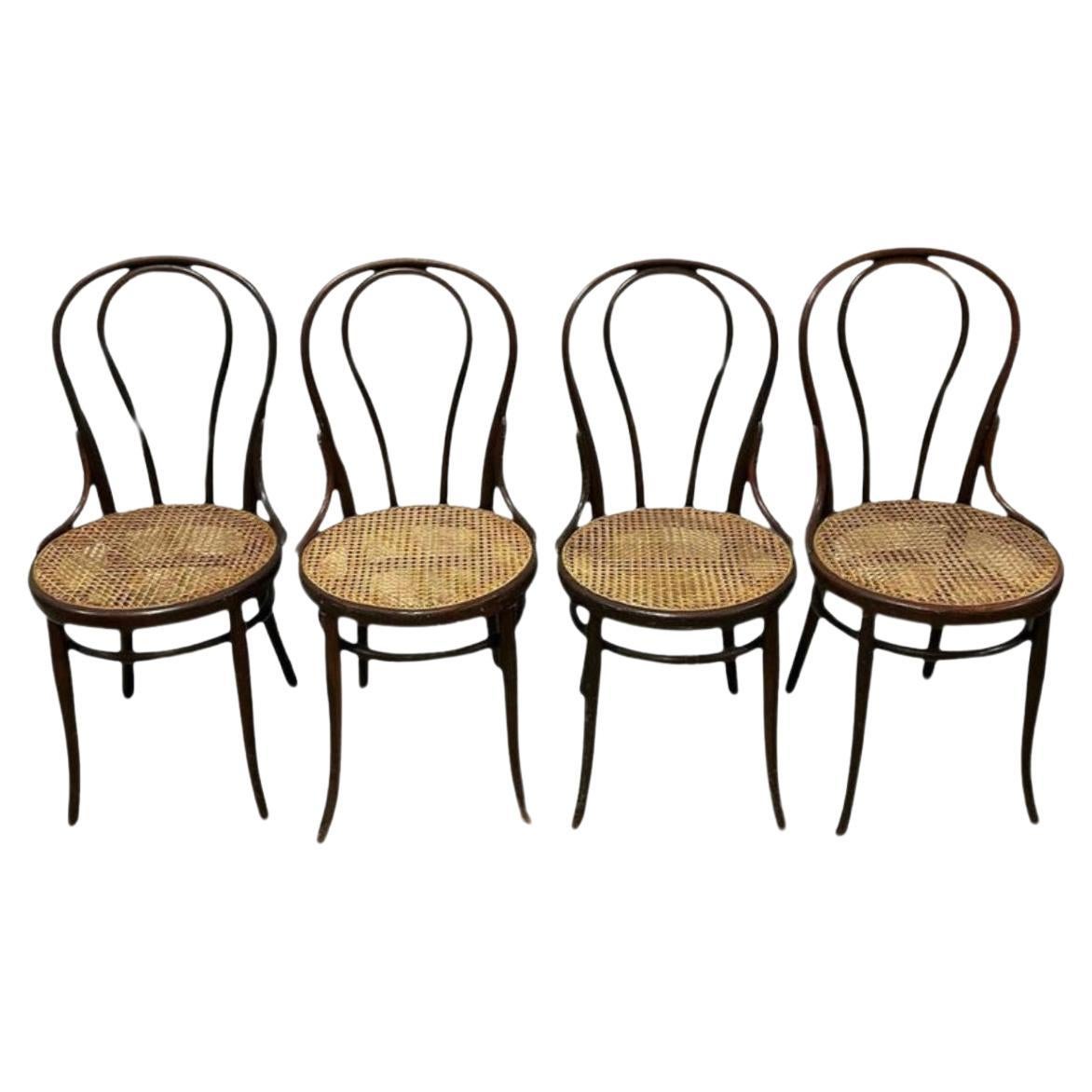 Satz von 4 antiken Vintage-Esszimmerstühlen aus Bugholz mit Cafe-Schilfrohr von Thonet 