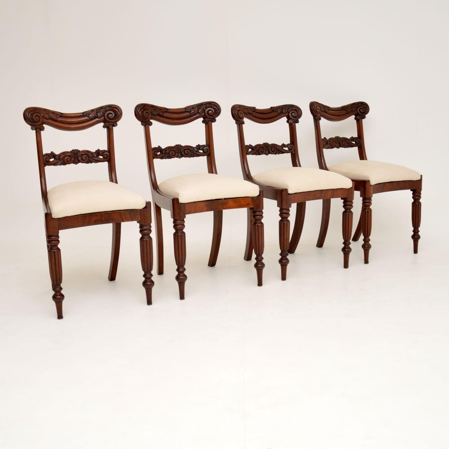 These antique mahogany William IV chairs have to be the nicest design and best quality set I’ve seen. They date from the 1830s period and are in excellent original condition.

Please enlarge all the images, especially the close ups of the backs,