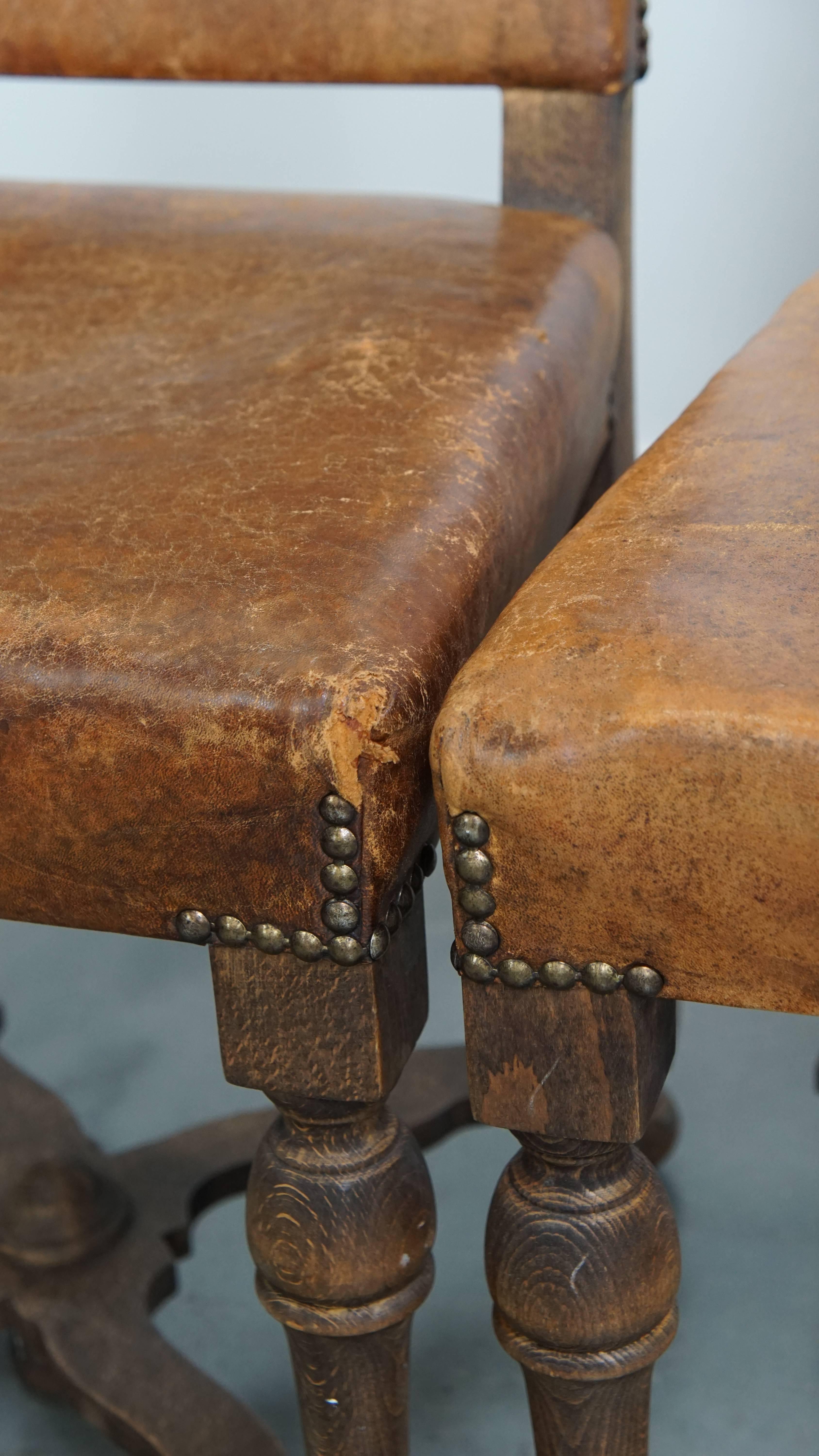 Ensemble de 4 chaises de salle à manger anciennes en bois et cuir de mouton en vente 5