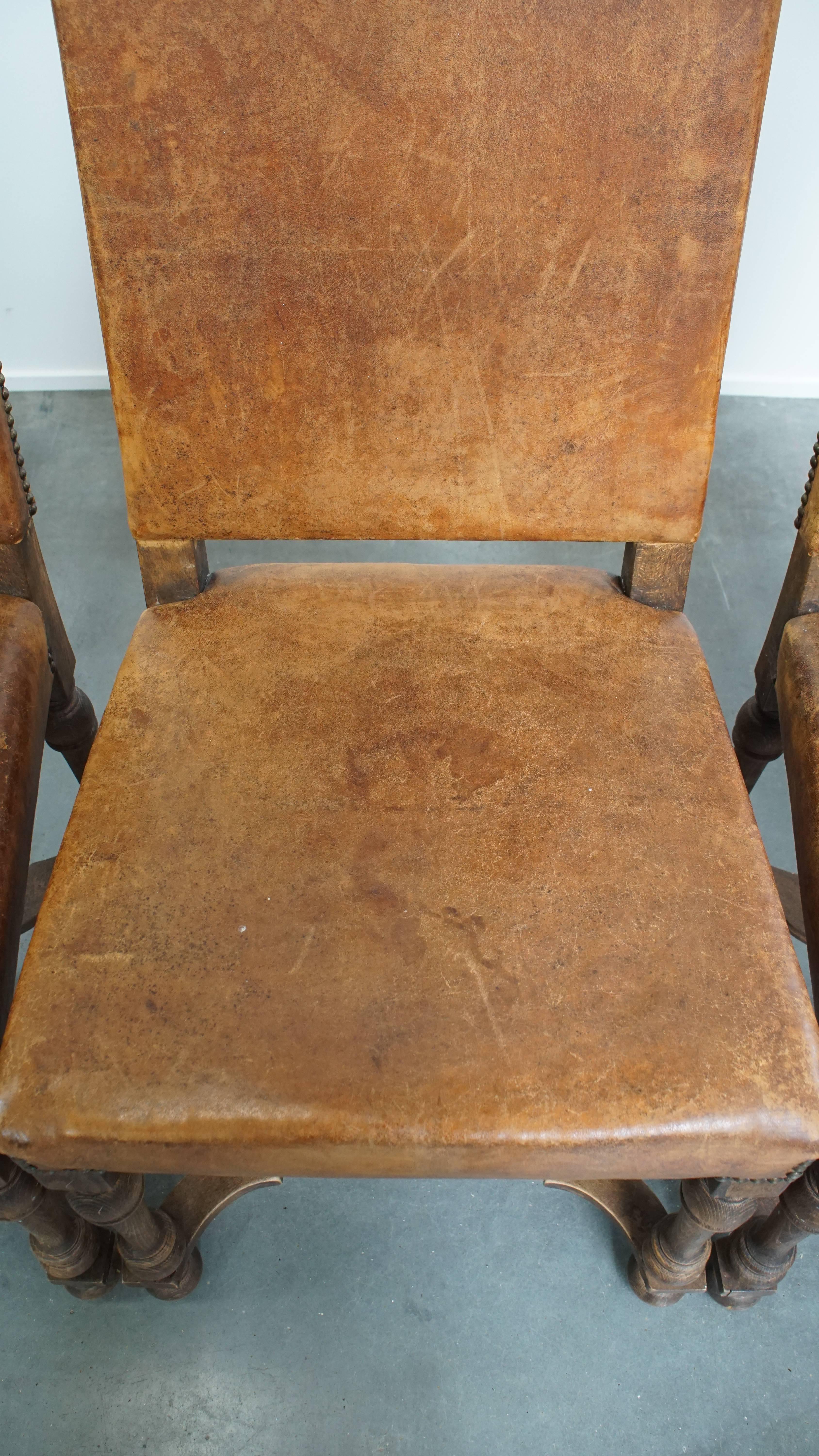 Ensemble de 4 chaises de salle à manger anciennes en bois et cuir de mouton en vente 1