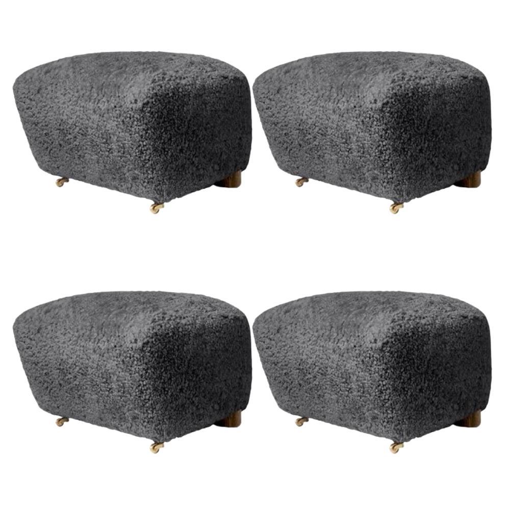 Set of 4 Antrachite Smoked Oak Sheepskin the Tired Man Footstools by Lassen For Sale