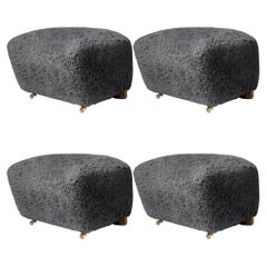 Set of 4 Antrachite Smoked Oak Sheepskin the Tired Man Footstools by Lassen