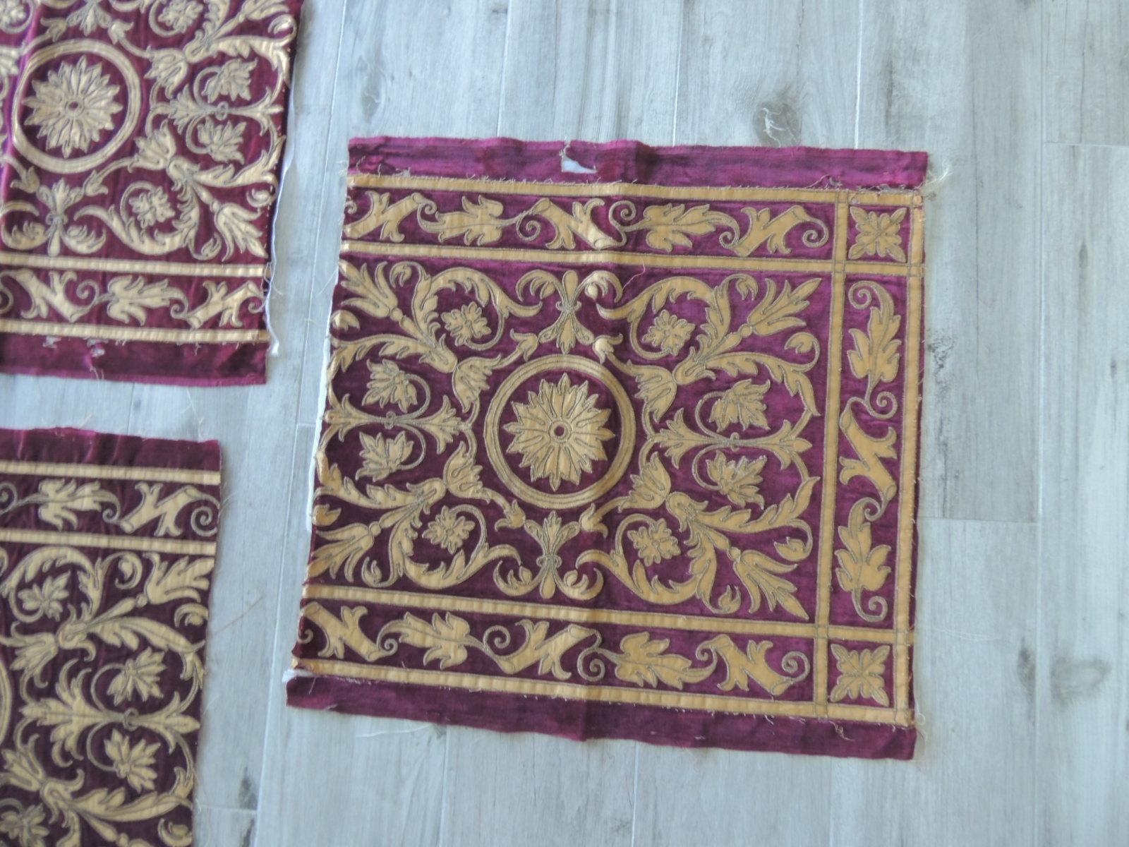 Hand-Crafted Set of '4' Applique Gold and Burgundy Velvet Textiles For Sale