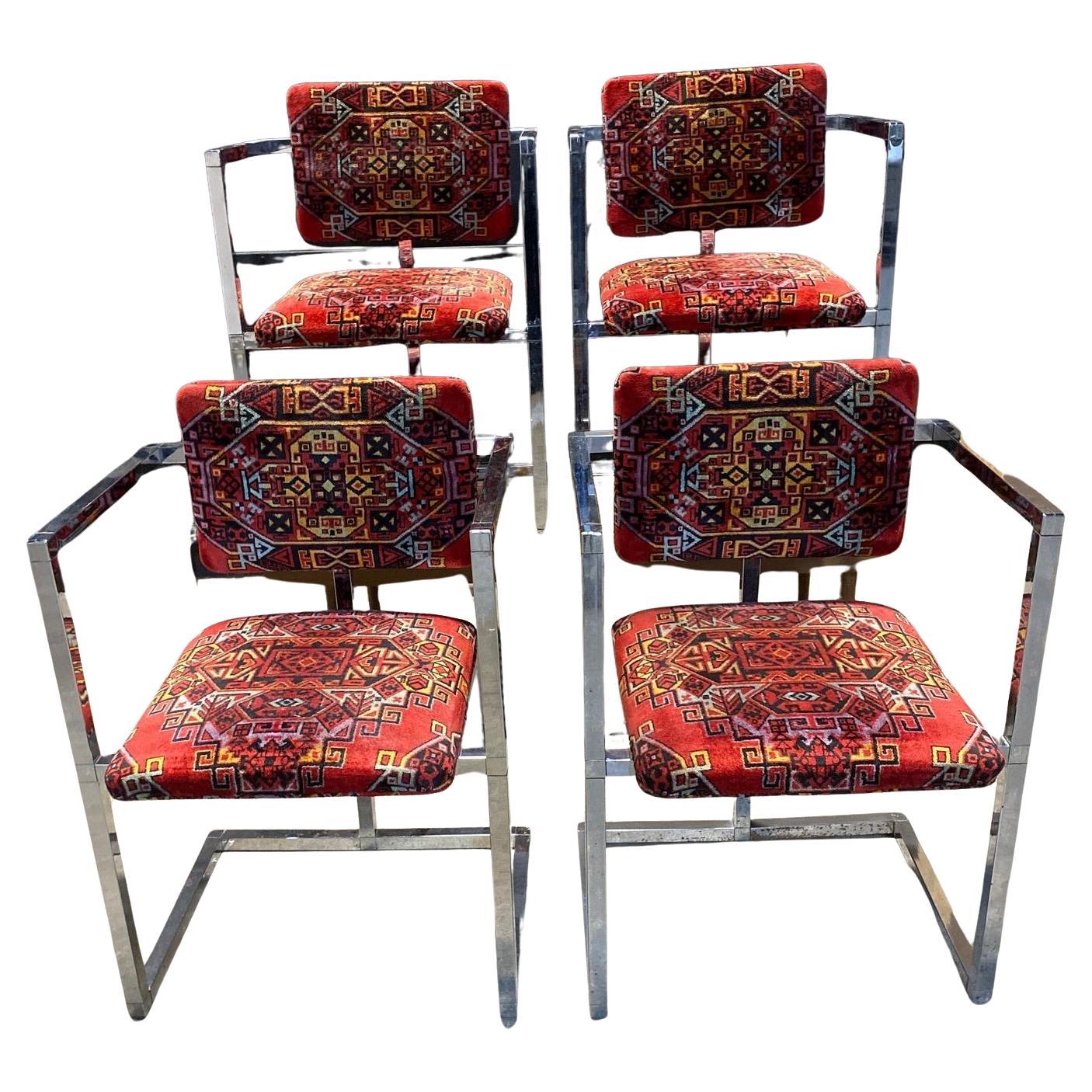 Set Of 4 Architectural Chrome Chairs upholstered in Teimani fabric For Sale